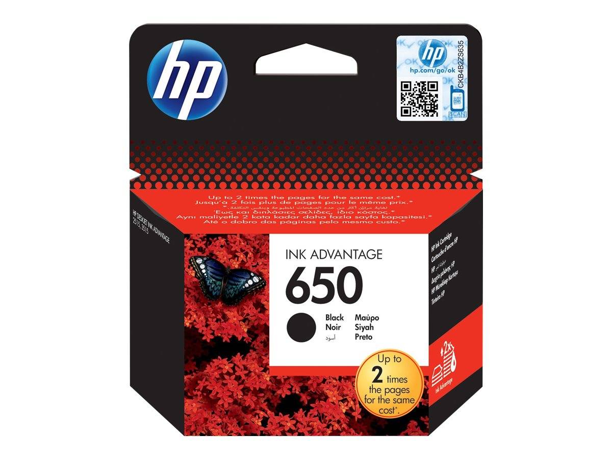 HP Ink Advantage 650 schwarze Tintenpatrone in einer Schachtel mit Schmetterling und roten Blumen, beschriftet mit „Bis zu 2-mal mehr Seiten zum gleichen Preis.