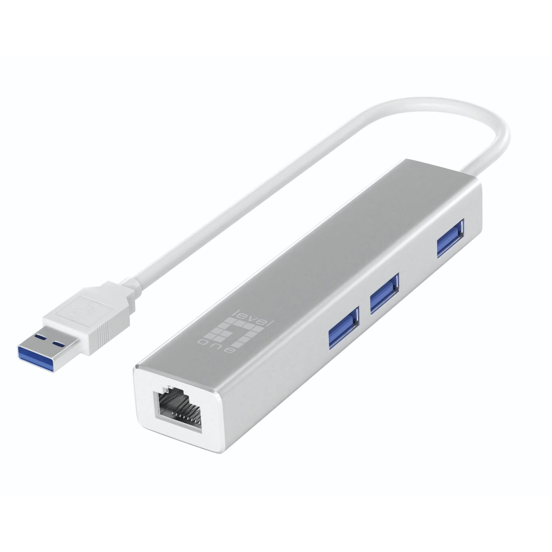 USB 3.0-Hub-Adapter mit einem USB-A-Stecker, vier USB-A-Anschlüssen und einem Ethernet-Anschluss auf einem silbernen rechteckigen Gehäuse.