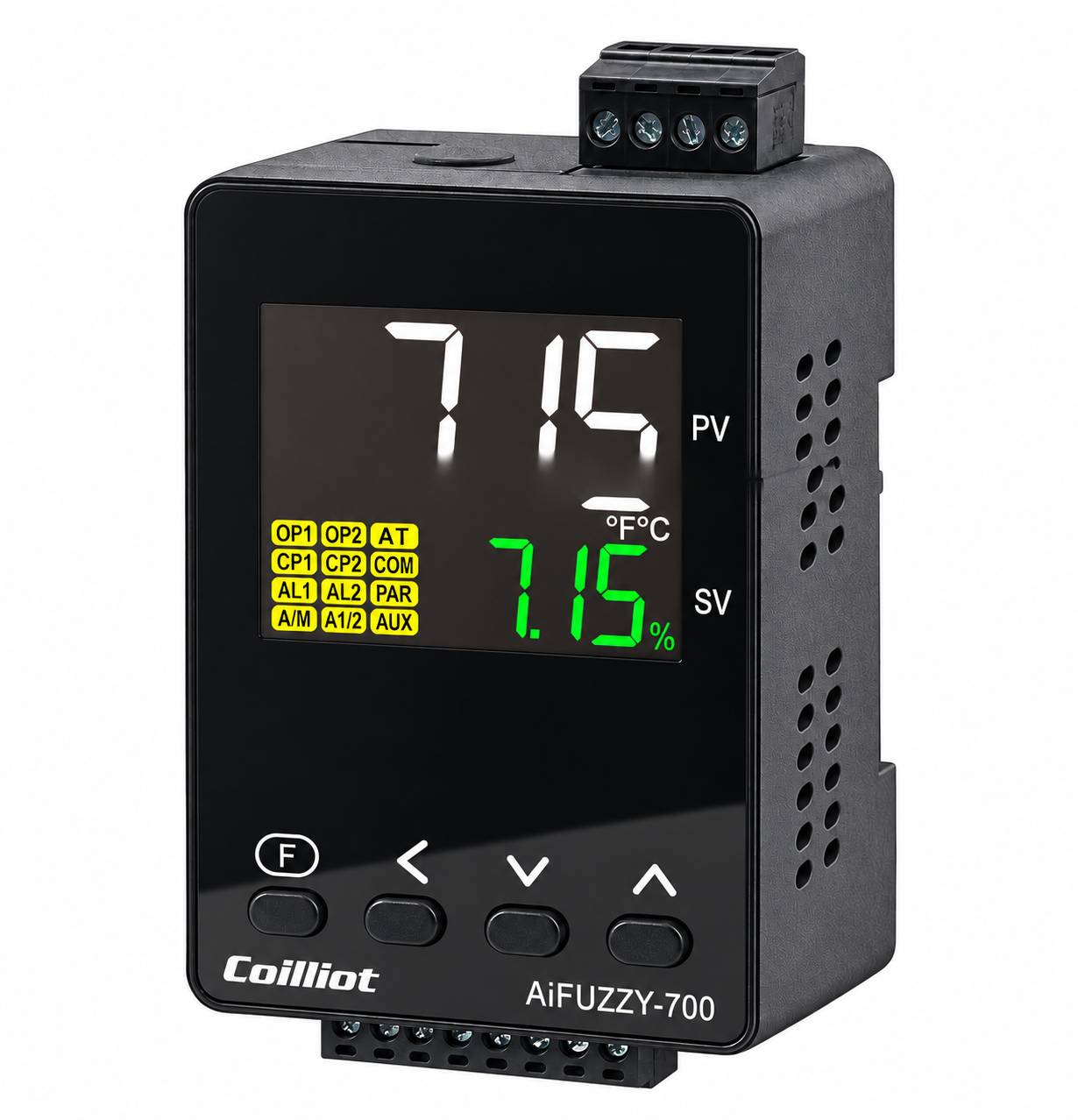 Black Coilliot AiFUZZY-700 Digitalregler mit Display, das 715 PV und 7.15 SV anzeigt, sowie vier Frontknöpfe und Anschlussklemmen.