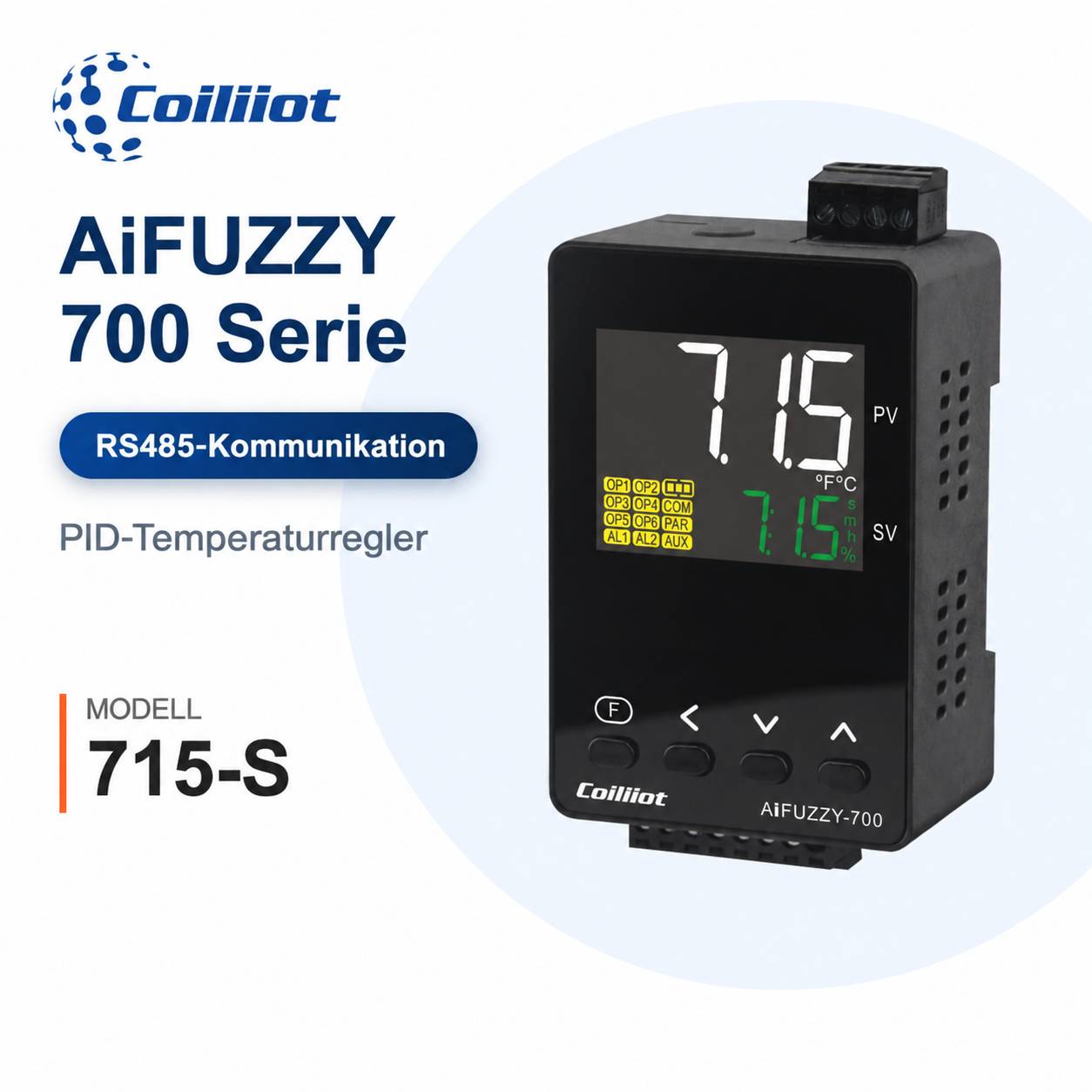 Produktpromotion für Coillot AiFUZZY 700er Serie PID-Temperaturregler, Modell 715-S, mit RS485-Kommunikation und digitaler Anzeige mit Wert 7.15.
