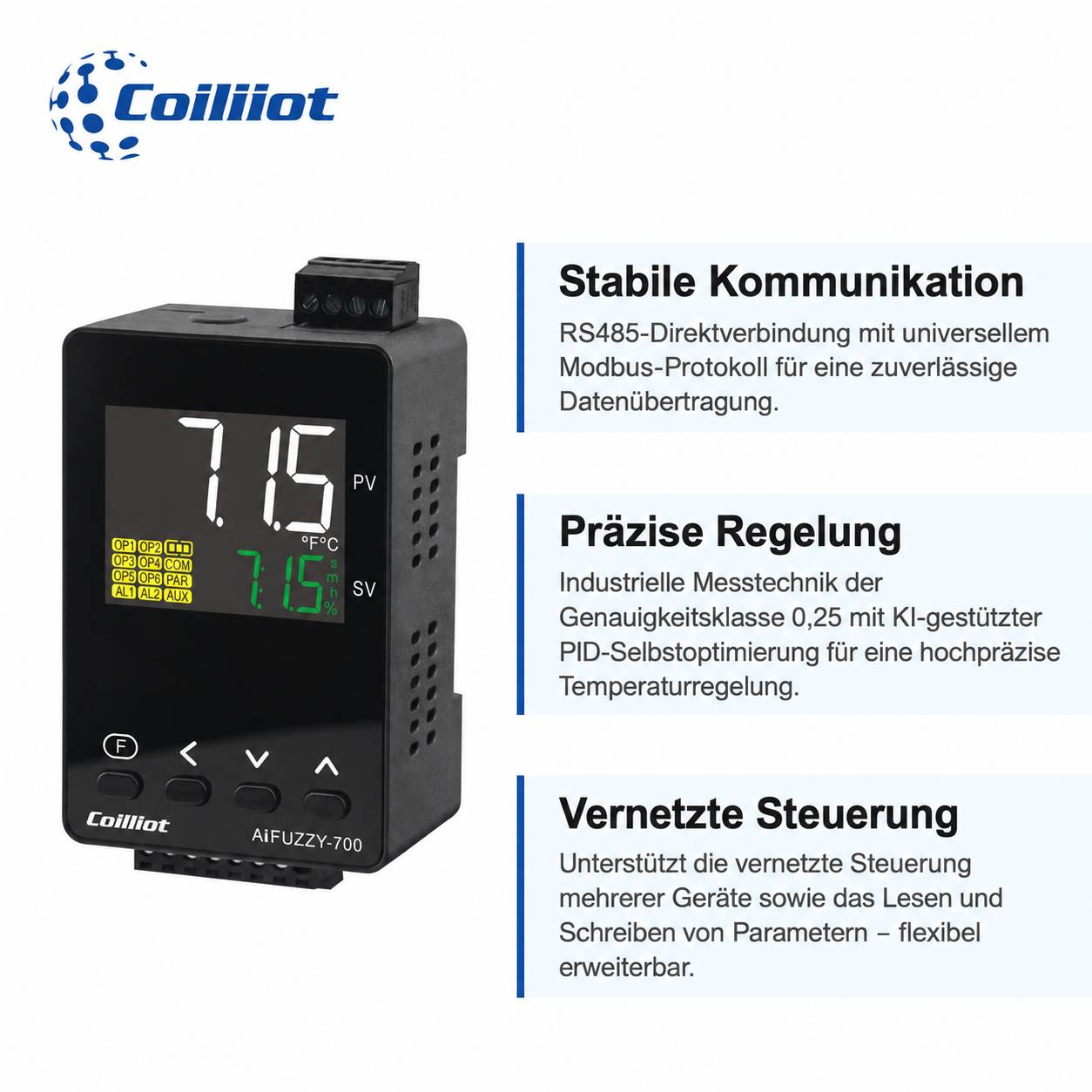 Werbegrafik für einen Coilliot AIFUZZY-700 Temperaturregler, die die Geräteeinzeige und drei deutsche Funktionen zeigt: stabile Kommunikation, präzise Steuerung und vernetzte Steuerung.