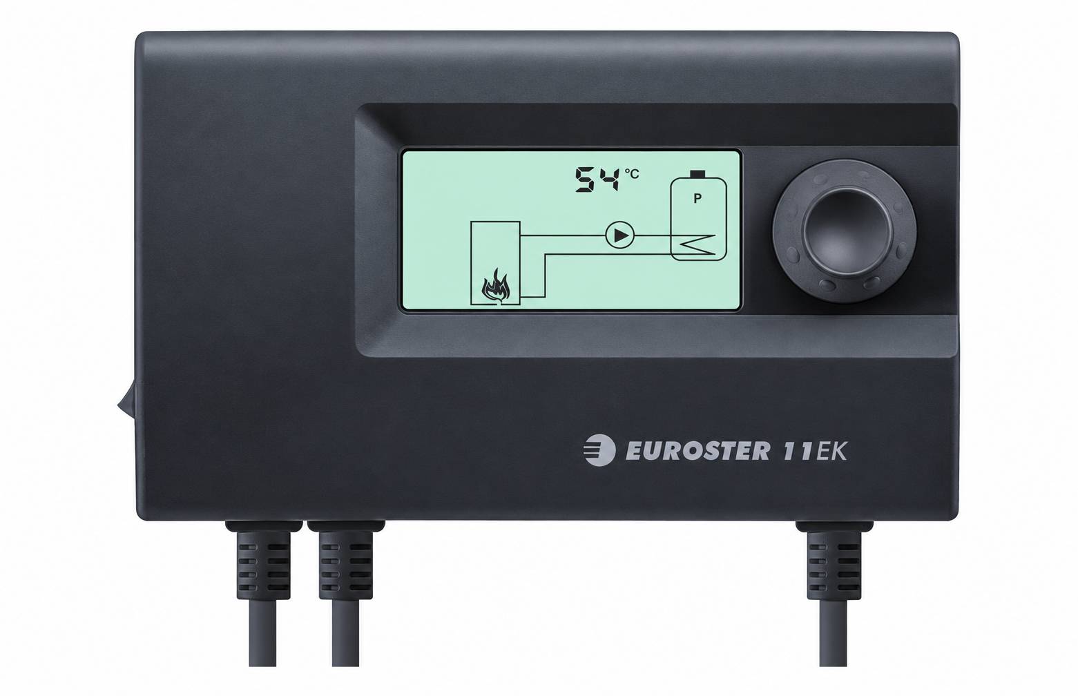 Schwarze EUROSTER 11EK Heizungsregler mit LCD-Display zeigt 54°C, ein einfaches Heizkreisschema und ein Drehreglerschalter.