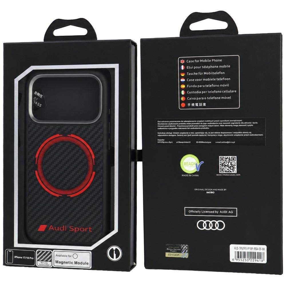Audi Sport-Verpackung für Handyhüllen von vorne und hinzu gezeigt, mit einer Kohlefaser-Optik-Hülle, rotem Ring, Magnetmodul-Etikett und mehrsprachigem Produkttext.