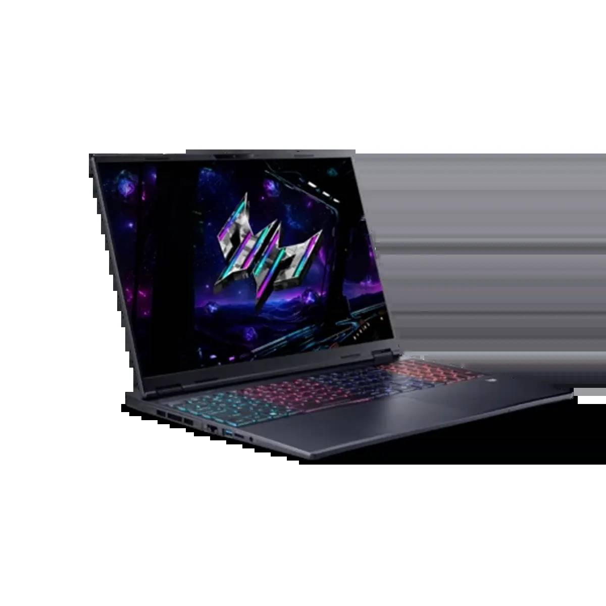 Offener Gaming-Laptop mit RGB-Hintergrundbeleuchtung auf der Tastatur und einem lila Neon-abstrakten Hintergrundbild auf dem Bildschirm, gezeigt vor schwarzem Hintergrund.