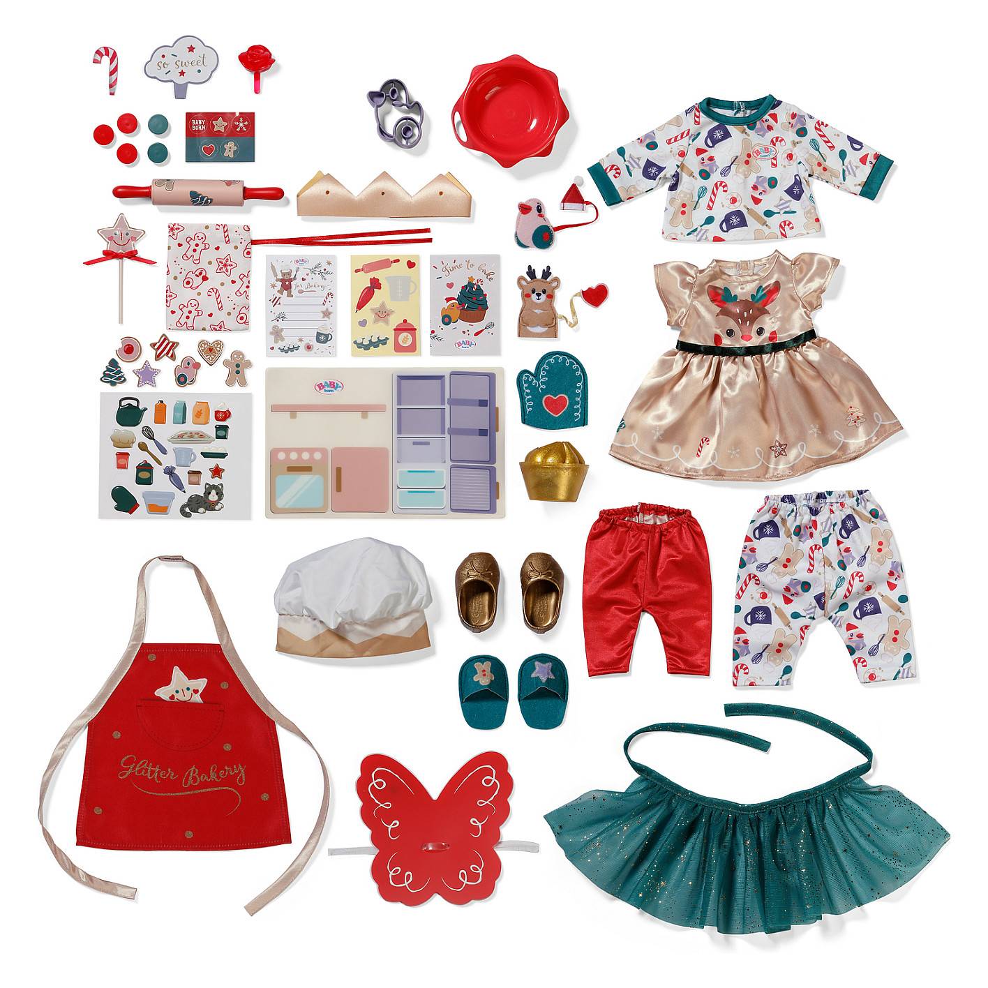 Verschiedenes Puppenzubehör und Kleidung, einschließlich Kleider, Hosen, Schürze, Schuhe, Hut, Spielzeugessen, Küchenutensilien und dekorative Bastelstücke.