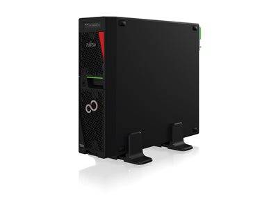 Schwarzer Fujitsu-Desktopcomputer-Tower in Profilansicht, stehend auf zwei Füßen vor weißem Hintergrund.