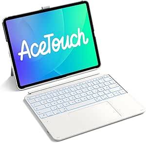 Weiße Tablette mit abnehmbarer Tastaturhülle, die das Wort „Acetouch