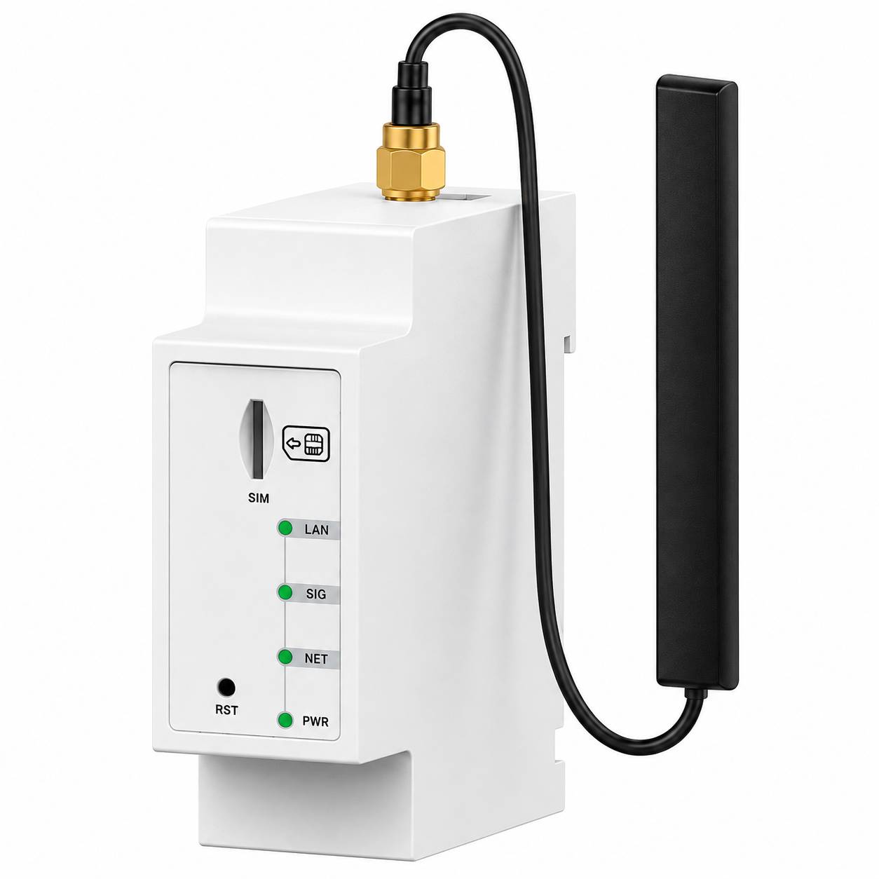Weißes Industrie-Wireless-Modem/Router mit SIM-Slot, Status-LEDs und extern angebrachter Antenne, die durch ein Kabel verbunden ist.