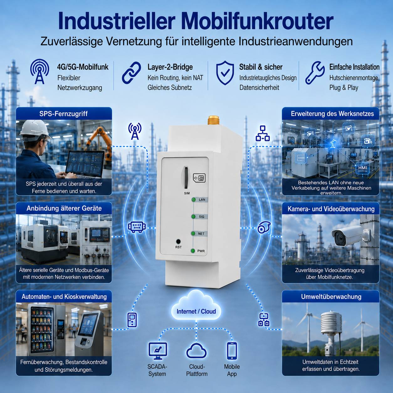 Kaiser Electronics 4G LTE Industrie-Router für Hutschiene mit RS485 Modbus-MQTT-Gateway, WLAN, LAN, VPN (WireGuard/OpenVPN), 9–35 V DC