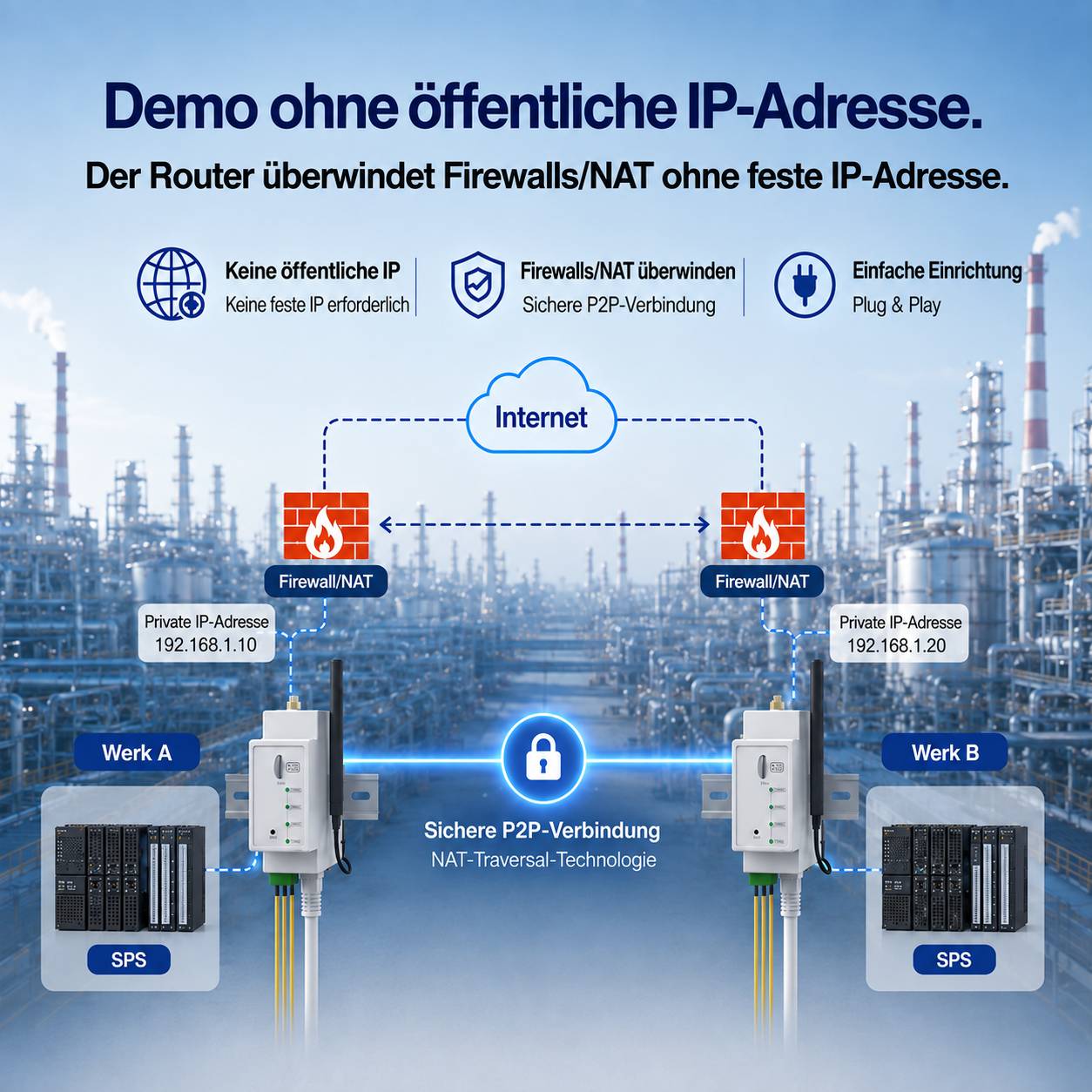 Diagramm, das eine sichere P2P-Verbindung über das Internet zwischen zwei Fabrikstandorten, Werk A und Werk B, zeigt, die sich jeweils hinter einer Firewall/NAT mit privaten IP-Adressen und einem Industrie-Router befinden.
