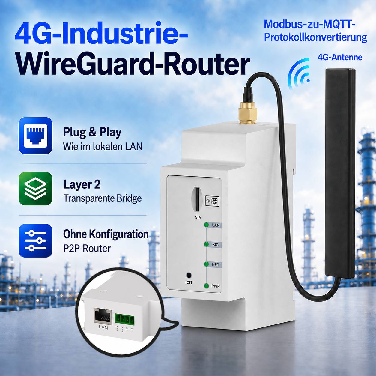Werbegrafik eines 4G-Industrie-WireGuard-Routers mit Antenne, gekennzeichnet als Plug-and-Play, Layer-2-transparente Brücke und konfigurationsfreier P2P-Router.