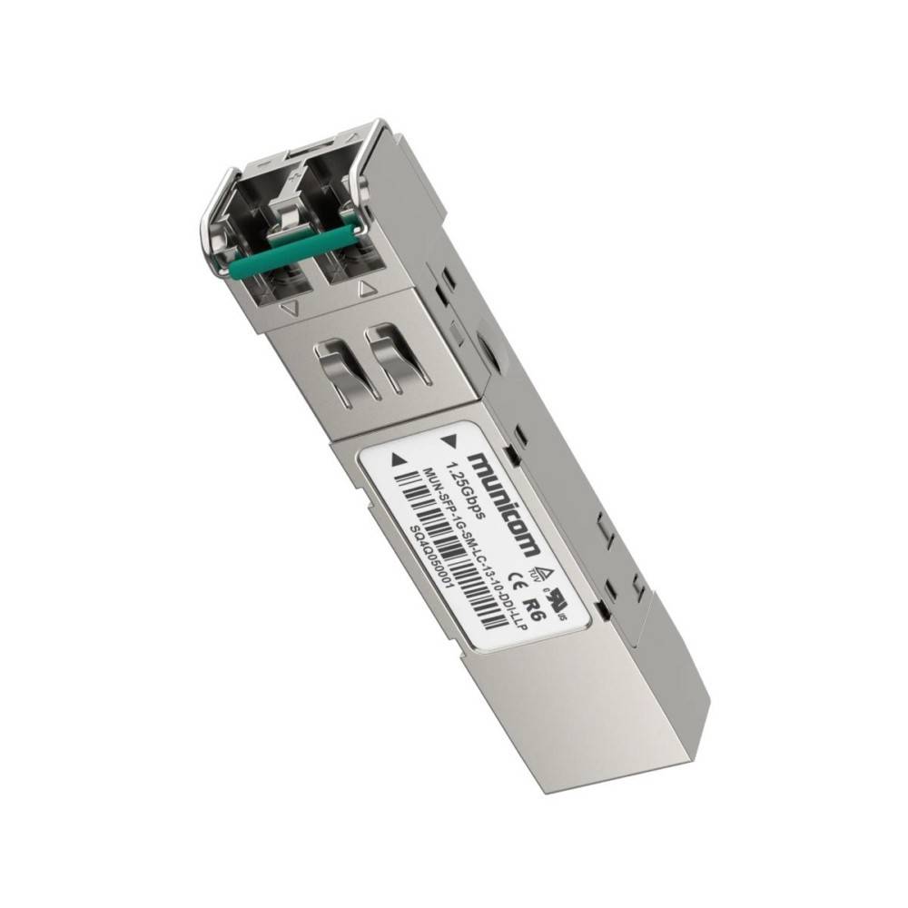 Kleines silbernes Murrincom SFP-Optiktransceiver-Modul auf weißem Hintergrund, in schräger Ansicht dargestellt.