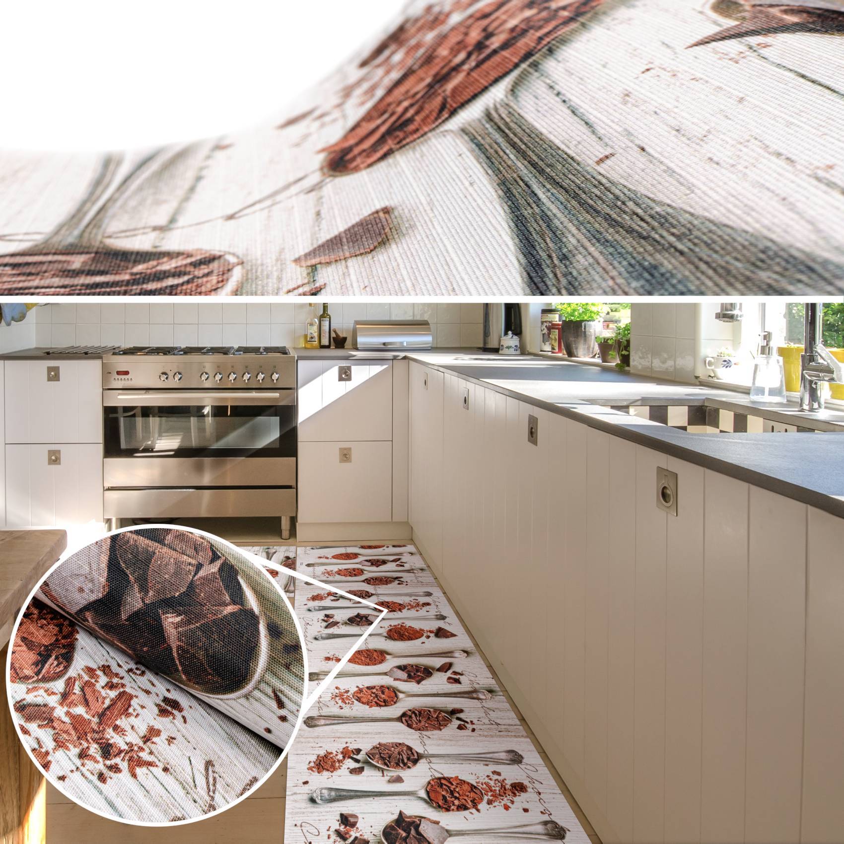 Küche mit einem gemusterten Bodenlaufer und einer Nahaufnahme-Einfügung, die das bedruckte Holzoptik-Bodendesign zeigt.