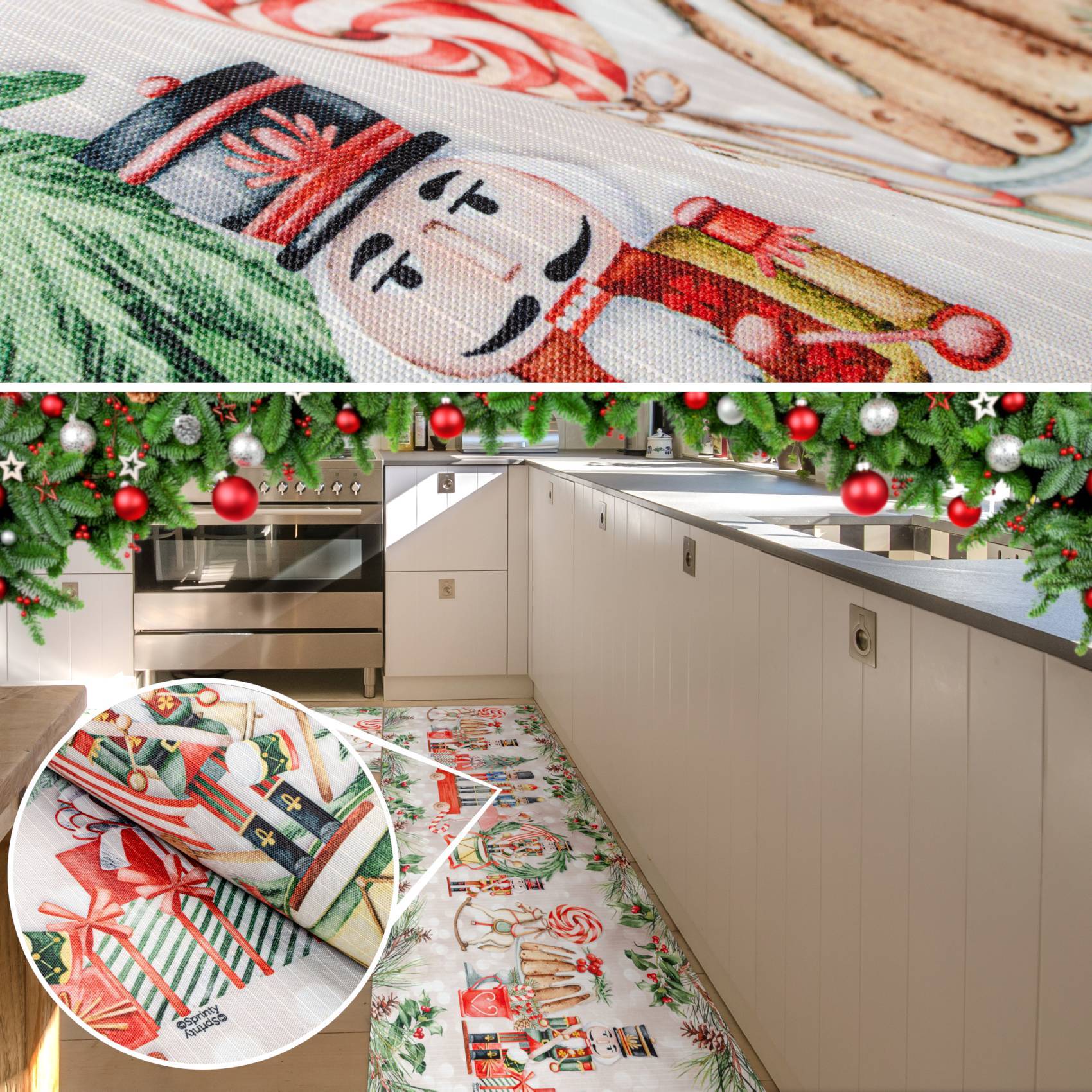 Festliche Küchenszene mit weihnachtlichem Stoffläufer auf der Arbeitsplatte und dem Boden, mit einem Nussknacker und Weihnachtsgeschenken in Rot, Grün und Weiß.