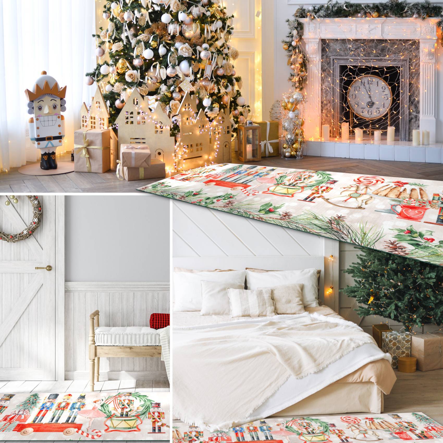 Collage eines gemütlichen Weihnachtshauses: geschmückter Baum, brennender Kamin, Nussknacker, Geschenke, Kranz, Bank und ein weißes Bett mit festlichen Weihnachtsteppichen.