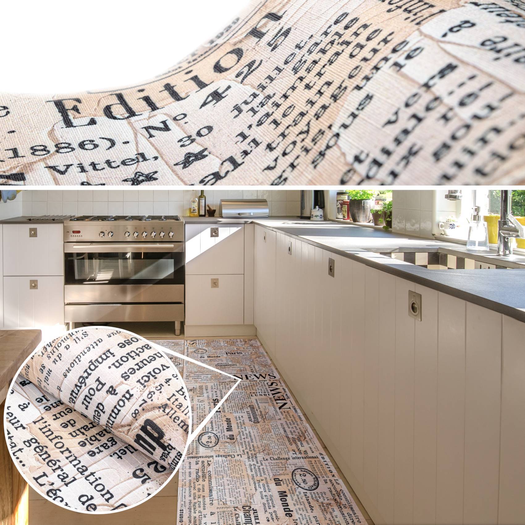 Bedruckte Zeitungsmustertapete in Nahaufnahme und in einer modernen Kücheneinrichtung dargestellt, einschließlich einer vergrößerten Detailansicht des Textdesigns.
