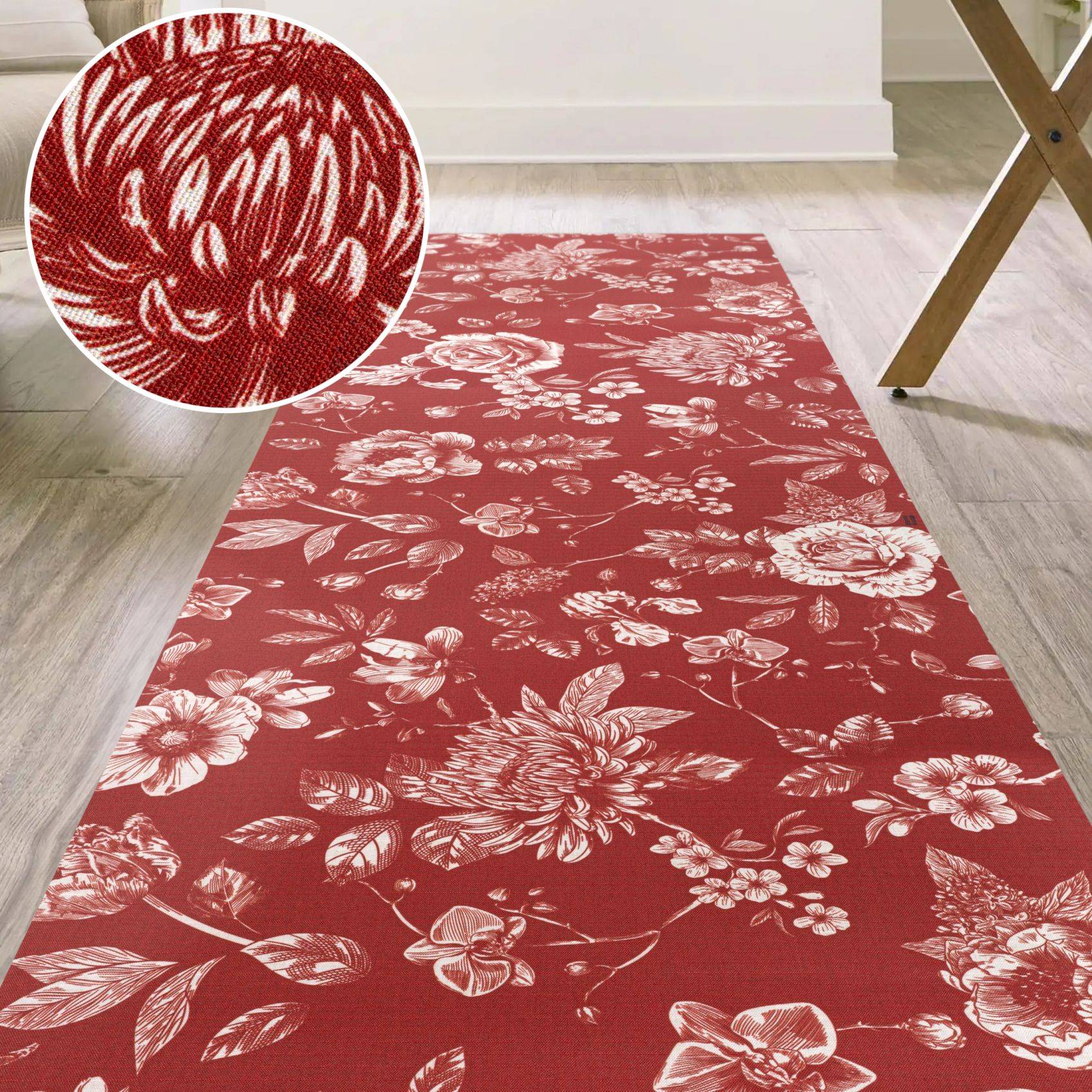 Roter Teppich mit Blumenmuster auf hellem Holzboden, gezeigt mit einer Nahaufnahme-Vergrößerung, die seine Webtextur hervorhebt.