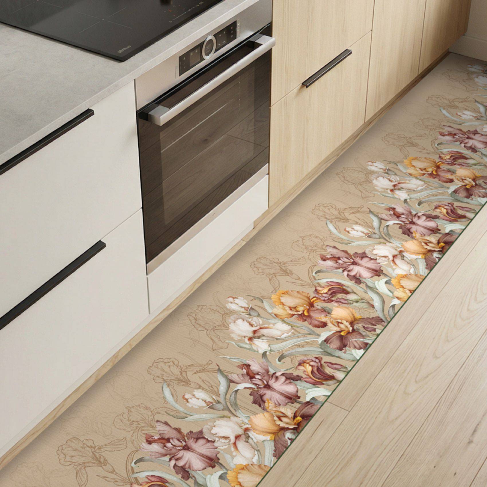 Moderne Küche mit hellem Holzschränken und eingebautem Ofen sowie einem schmalen Blumenlaufer entlang des Bodens.