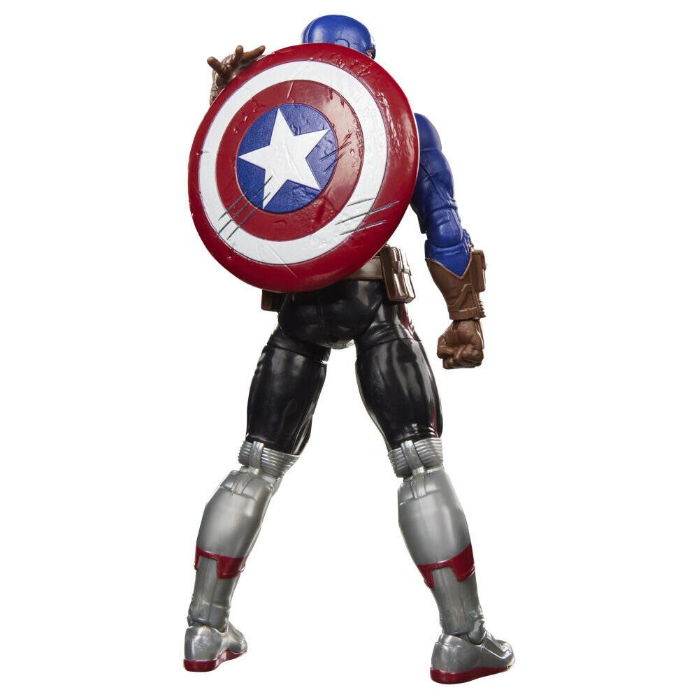 Captain America Actionfigur von hinten, hält ein rot, weiß und blau gestreiftes Schild vor einem einfachen weißen Hintergrund.
