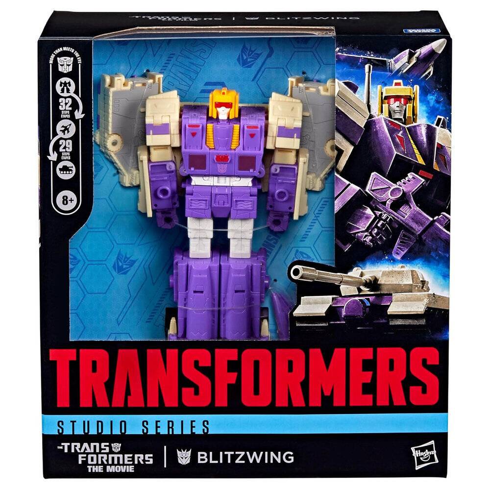Transformers Studio Series Blitzwing Actionfigur in lila und beiger Verpackung, gezeigt mit Charakterkunst und dem Titel 