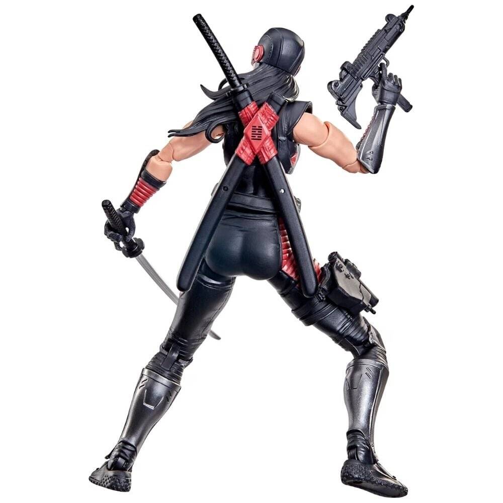 Actionfigur eines maskierten Ninja in schwarzer Taktikausrüstung, von hinten gezeigt, hält ein Schwert und eine Pistole, mit zwei gekreuzten Schwertern auf dem Rücken.