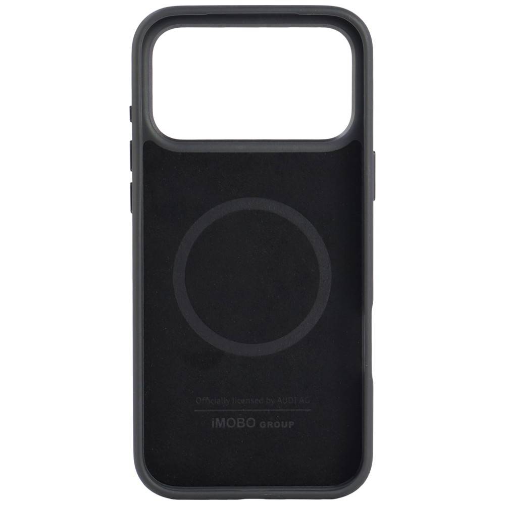 Schwarze Smartphone-Hülle mit großem Kameraausschnitt und MagSafe-ähnlicher kreisförmiger Ausrichtungsmarkierung auf der Rückseite, dargestellt auf weißem Hintergrund.