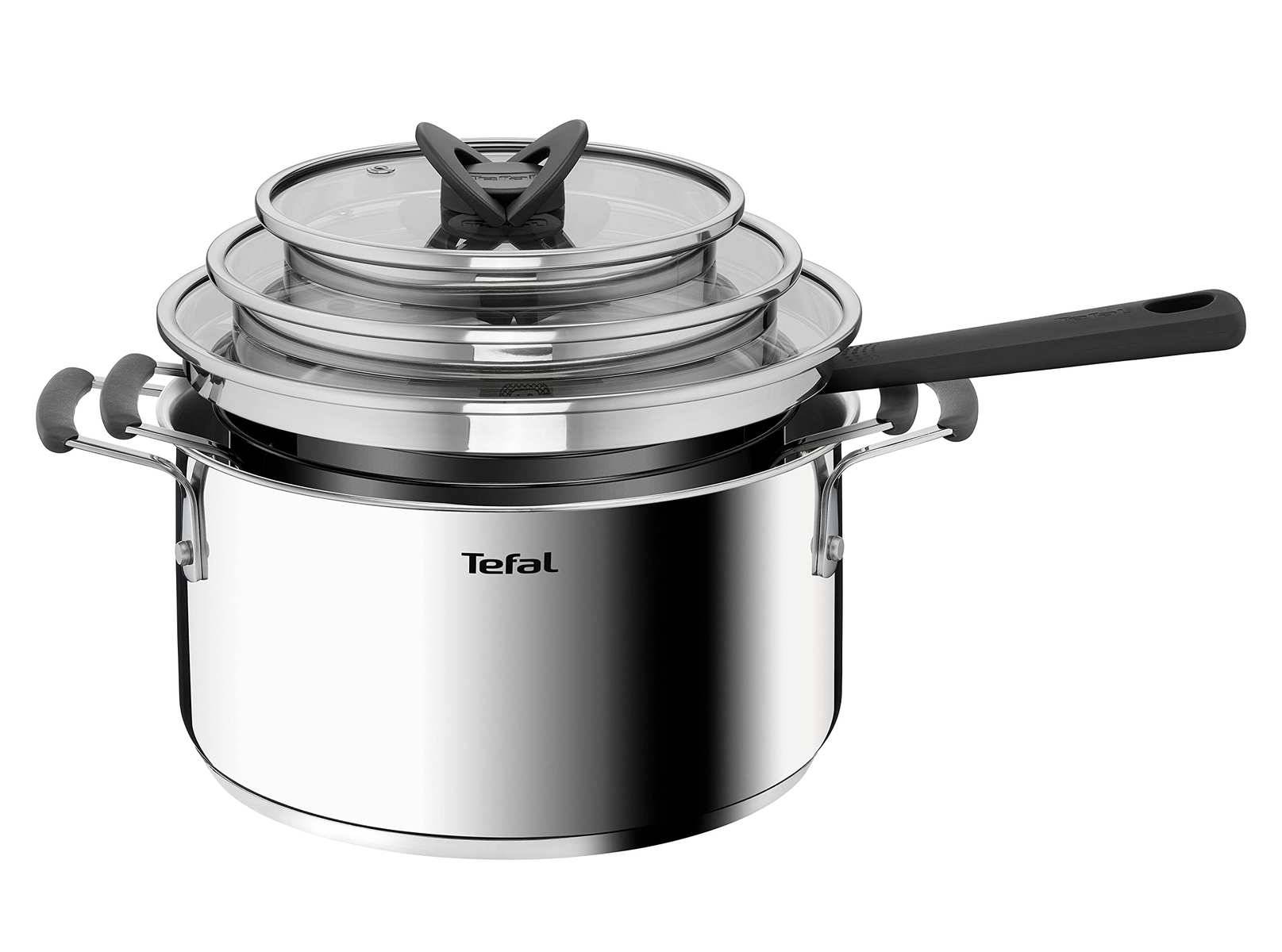 Topf aus Edelstahl von Tefal mit Siebeinsätzen und Glasdeckel, abgebildet mit langem schwarzem Griff und Seitengriffen auf weißem Hintergrund.
