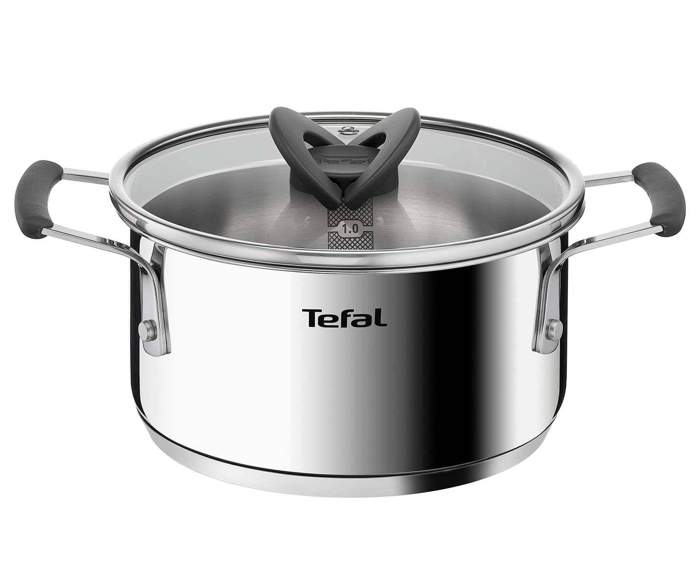 Tefal Edelstahl-Suppentopf mit Glaseinsatz, zwei Seitengriffen und schwarzem Deckelknopf auf weißem Hintergrund.