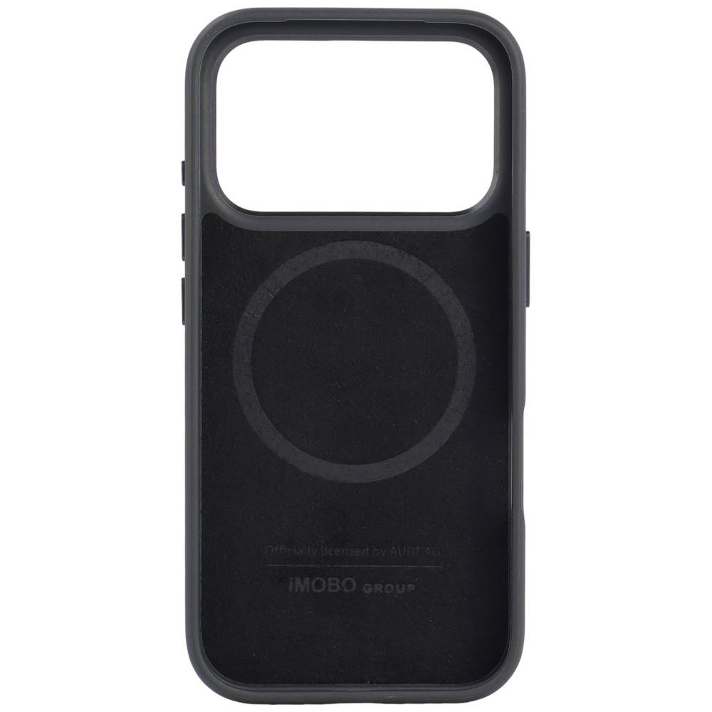 Schwarze Smartphone-Schutzhülle mit großem Kameraausschnitt und zentriertem, ringförmigem MagSafe-ähnlichem Ladepad auf der Rückseite.