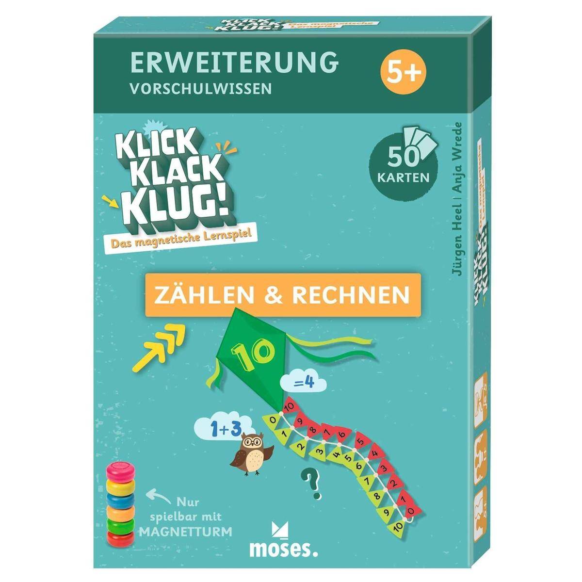 Schachtel des Kinderlernspiel 'Klick Klack Klug!': Erweiterung 'Zählen & Rechnen' ab 5 Jahren, 50 Karten, mit magnetischen Schildkröten-Figuren und Zahlen-/Zählgrafiken.