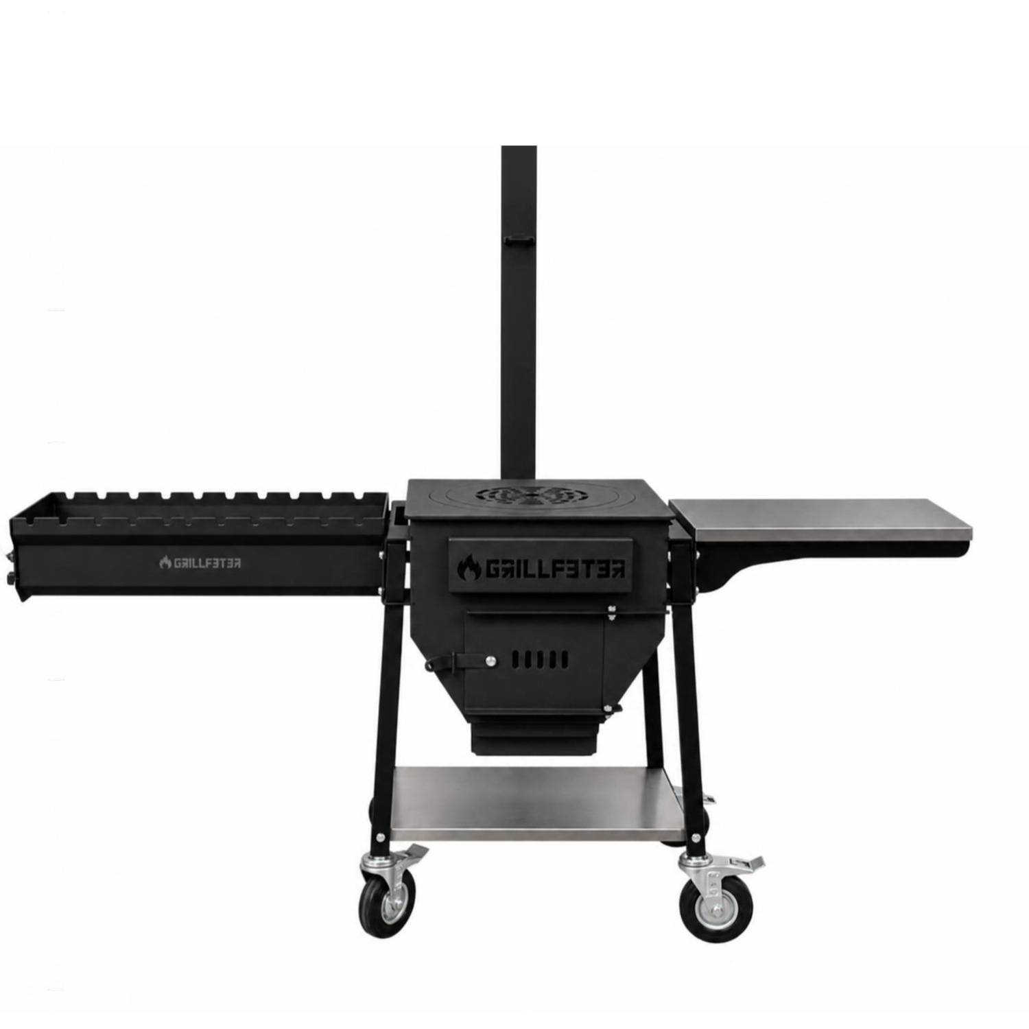 Schwarzer Pelletgrill-Räucherofen auf einem Wagen mit Rädern, seitlichem Regal und vorderer Aufbewahrungsbox, dargestellt vor weißem Hintergrund.