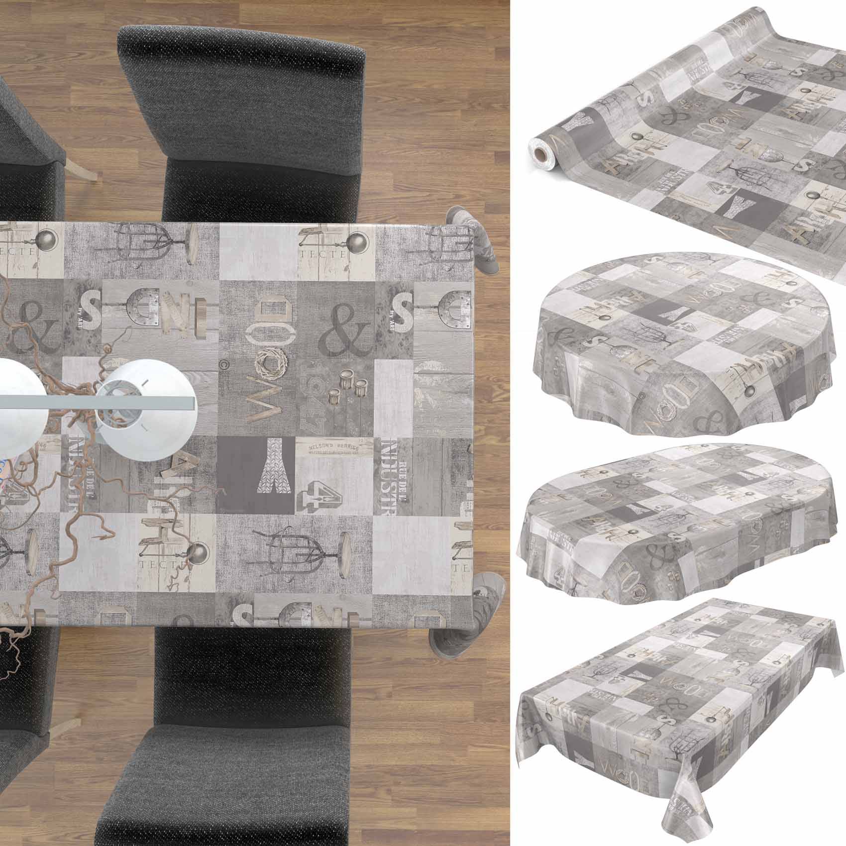 Patchwork-Tischdecke in Grau und Beige auf einem Esstisch gezeigt, mit eingefügten Ansichten des Stoffes, der über runden und rechteckigen Tischen drapiert ist, und einem aufgerollten Abschnitt.