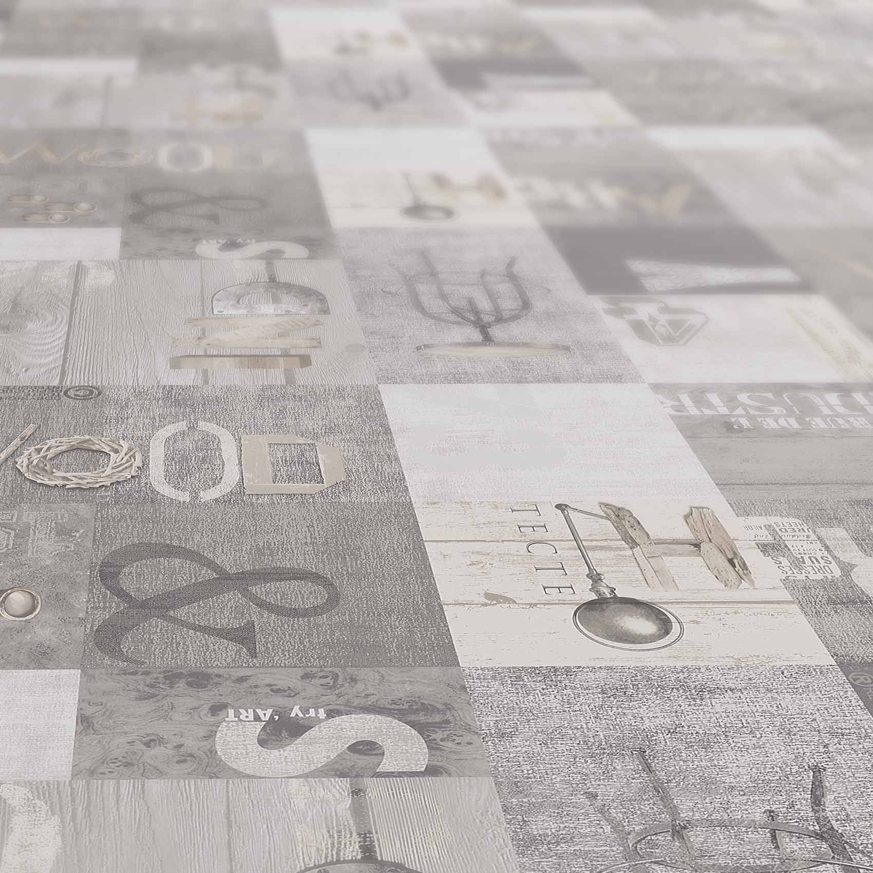 Nahaufnahme eines gemusterten Teppichs oder gefliesten Bodens mit einer Collage aus gedämpften graubeigen Quadraten, die abstrakte und dekorative Symbole zeigen.