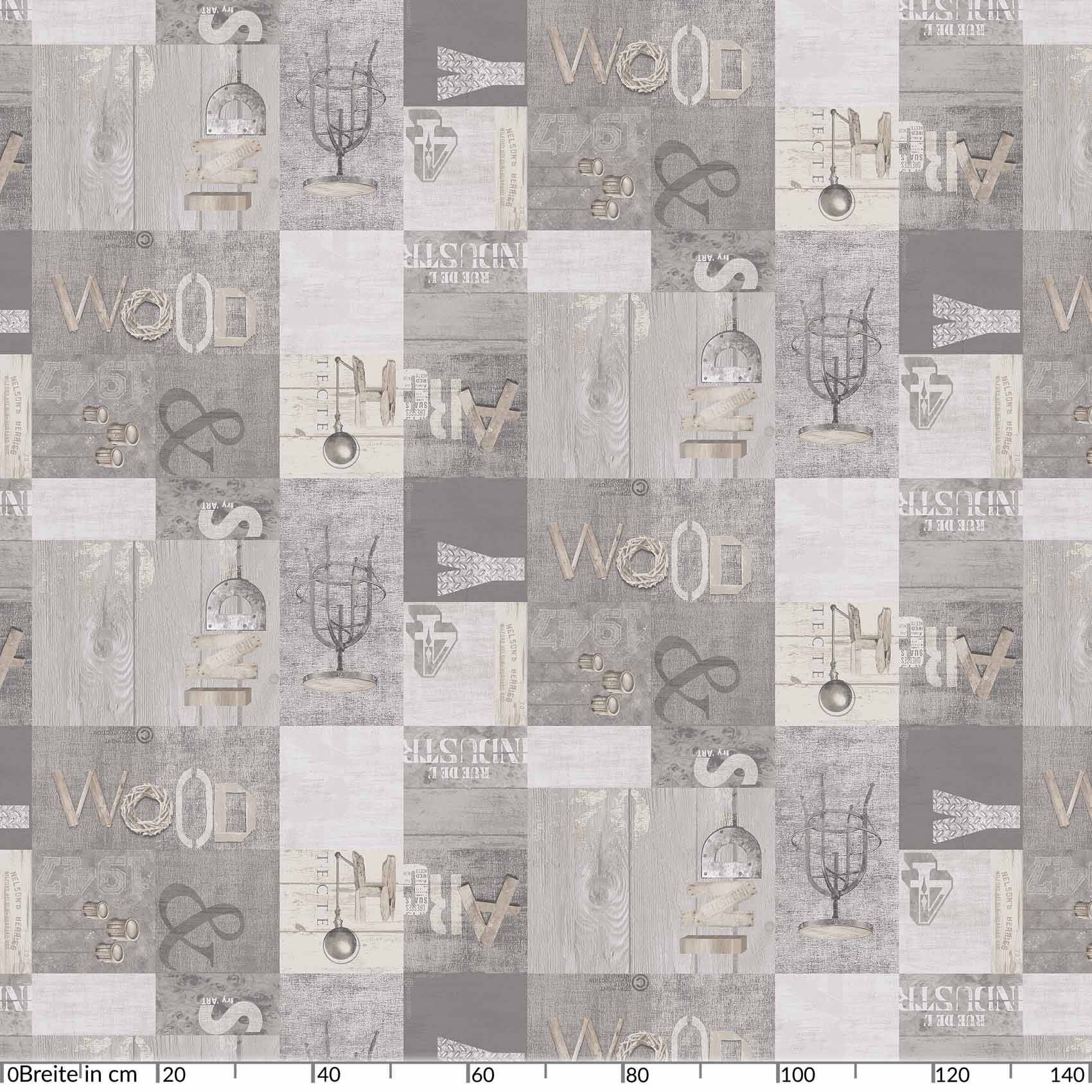 Graue Patchwork-Tapetenmuster mit Holzmaserungsblöcken, Vintage-Text und wiederholten hängenden Vogelkäfig- und Astmotiven in einem gekachelten Design.