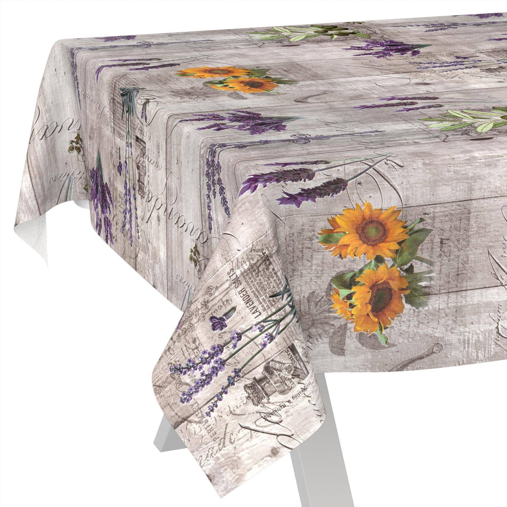 Rustikales graumeliertes Tischtuch mit Sonnenblumen, Lavendel und Schriftzug-Druck über einen Tisch drapiert