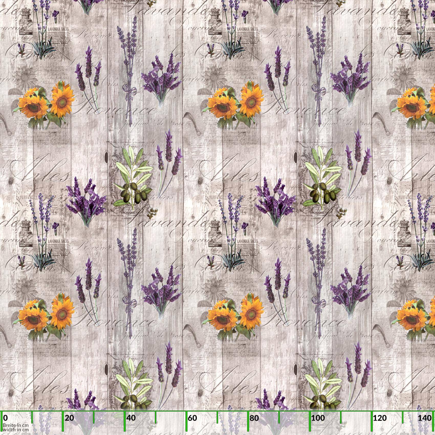 Nahtloses Blumenmuster auf verwittertem Holz, mit Lavendel, Sonnenblumen und botanischen Zweigen, die sich über das gesamte Design wiederholen.