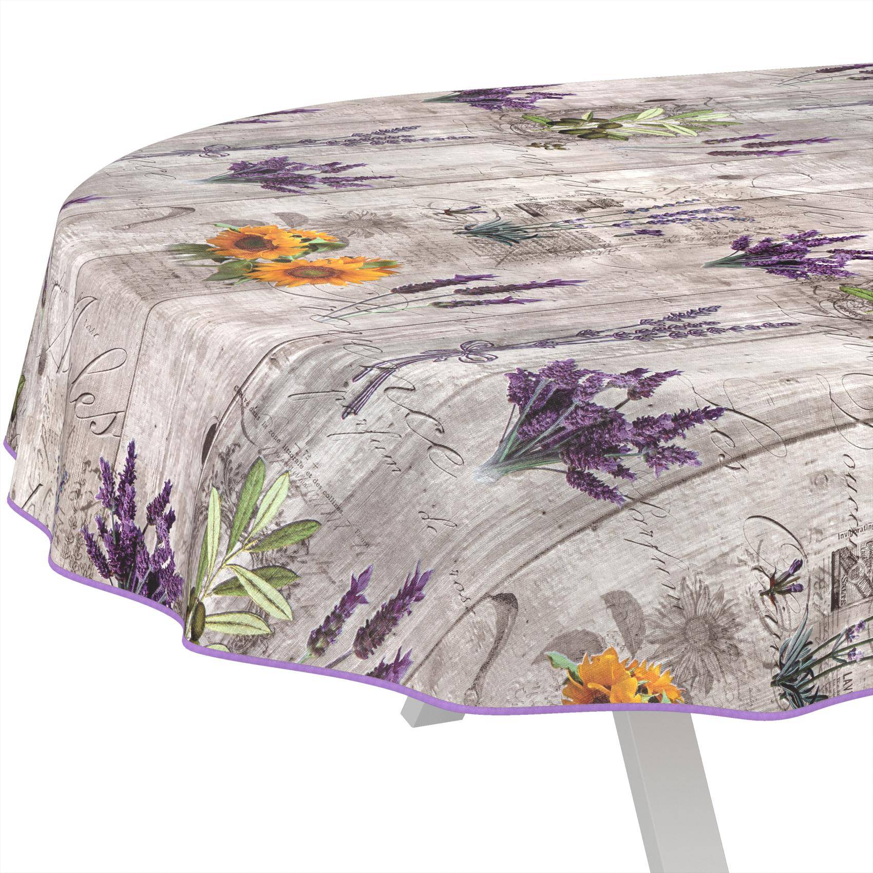 ANRO Tischdecke Provence Grau 300 x 140 cm oval Schnittkante Wachstuch Lavendel abwaschbar