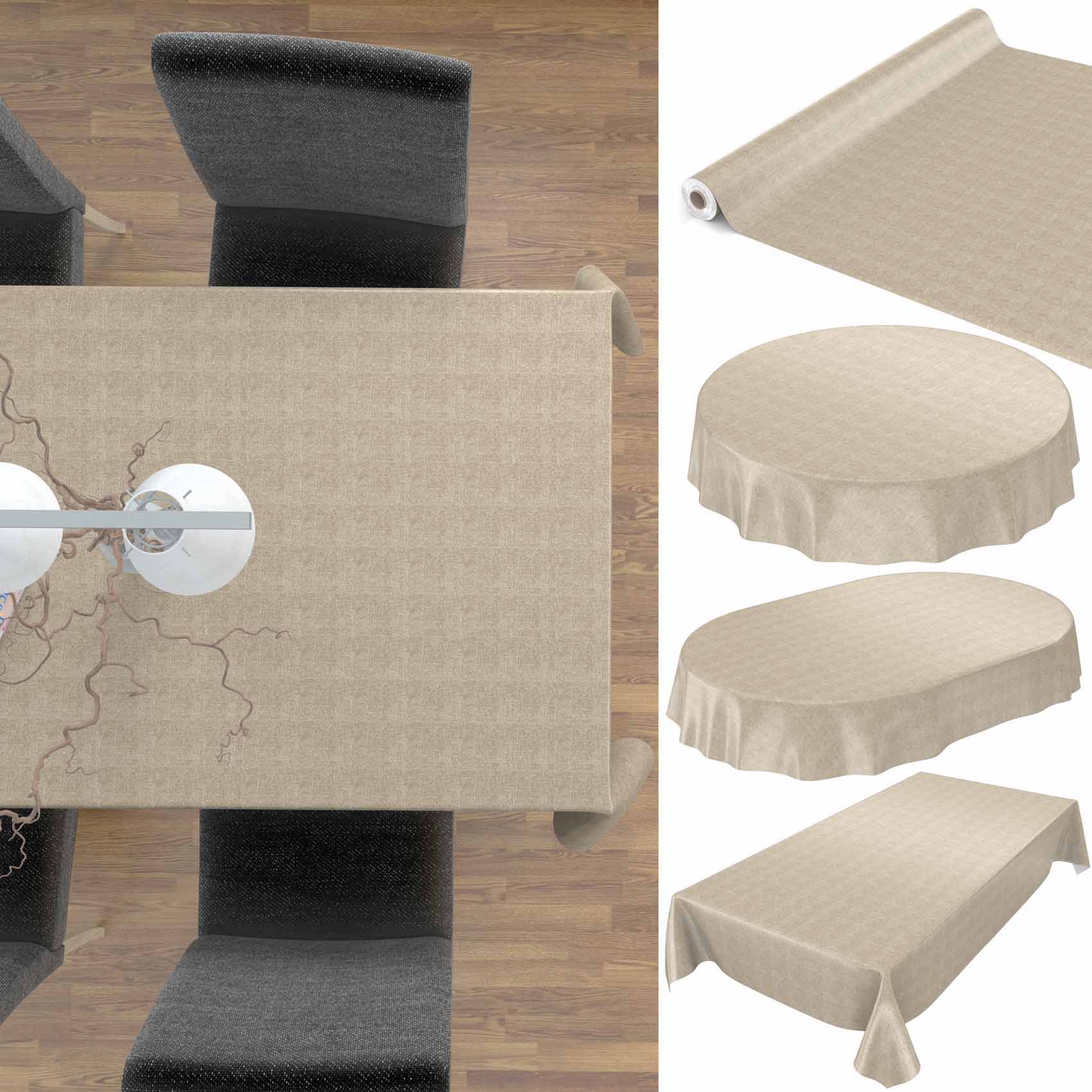 Draufsicht auf einen Esstisch mit einer beigen Tischdecke; die rechte Seite zeigt das Tuch in gerollter, runder, ovaler und rechteckiger Version.