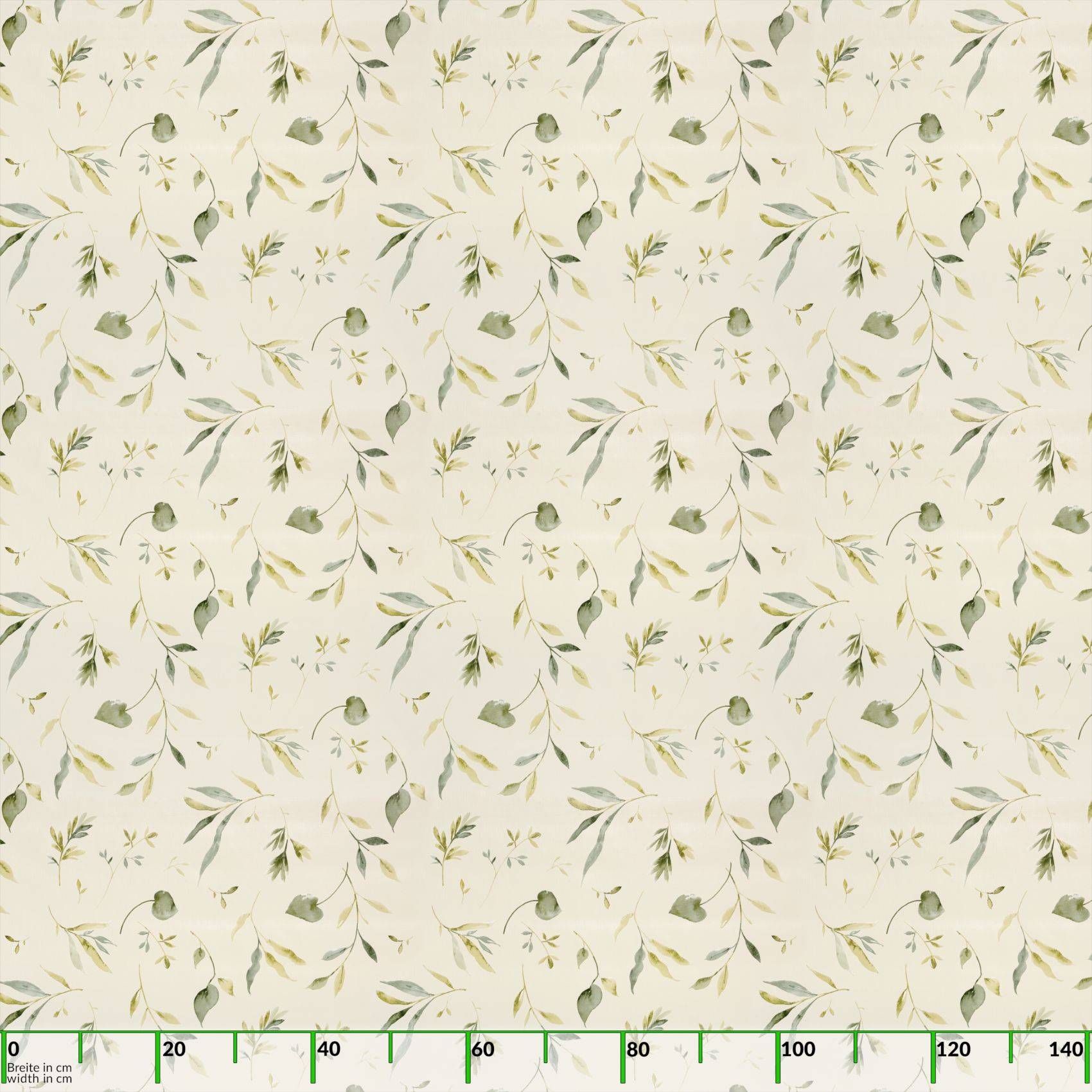 Dekoratives botanisches Tapetenmuster mit hängenden grünen Blättern und kleinen blassen Blüten auf cremefarbenem Hintergrund, dargestellt mit einer Messskala entlang der Unterseite.