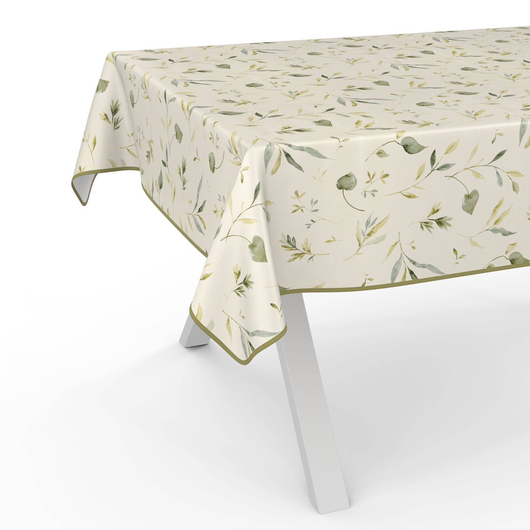 Weiße Tischdecke mit grünem Blatt- und Rankenmuster, über einem Tisch drapiert, mit gerundeter Kante und olivfarbener Borte.