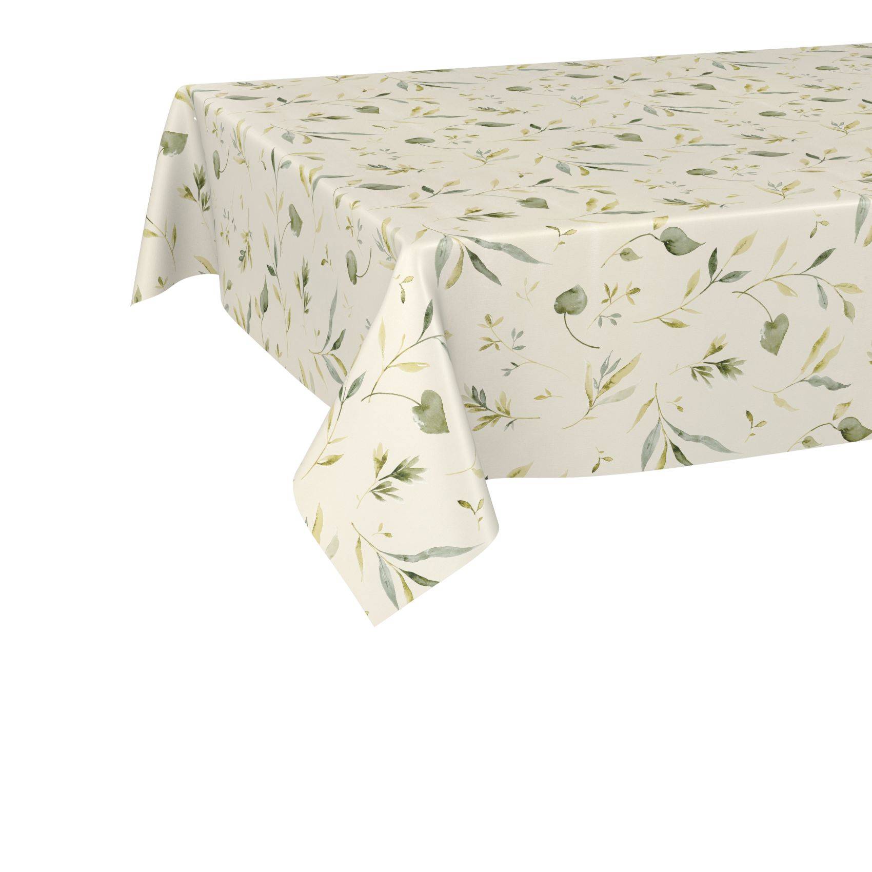 Rechteckige Tischdecke mit cremefarbenem Hintergrund und grünem Blattfloral-Muster, über einen Tisch drapiert