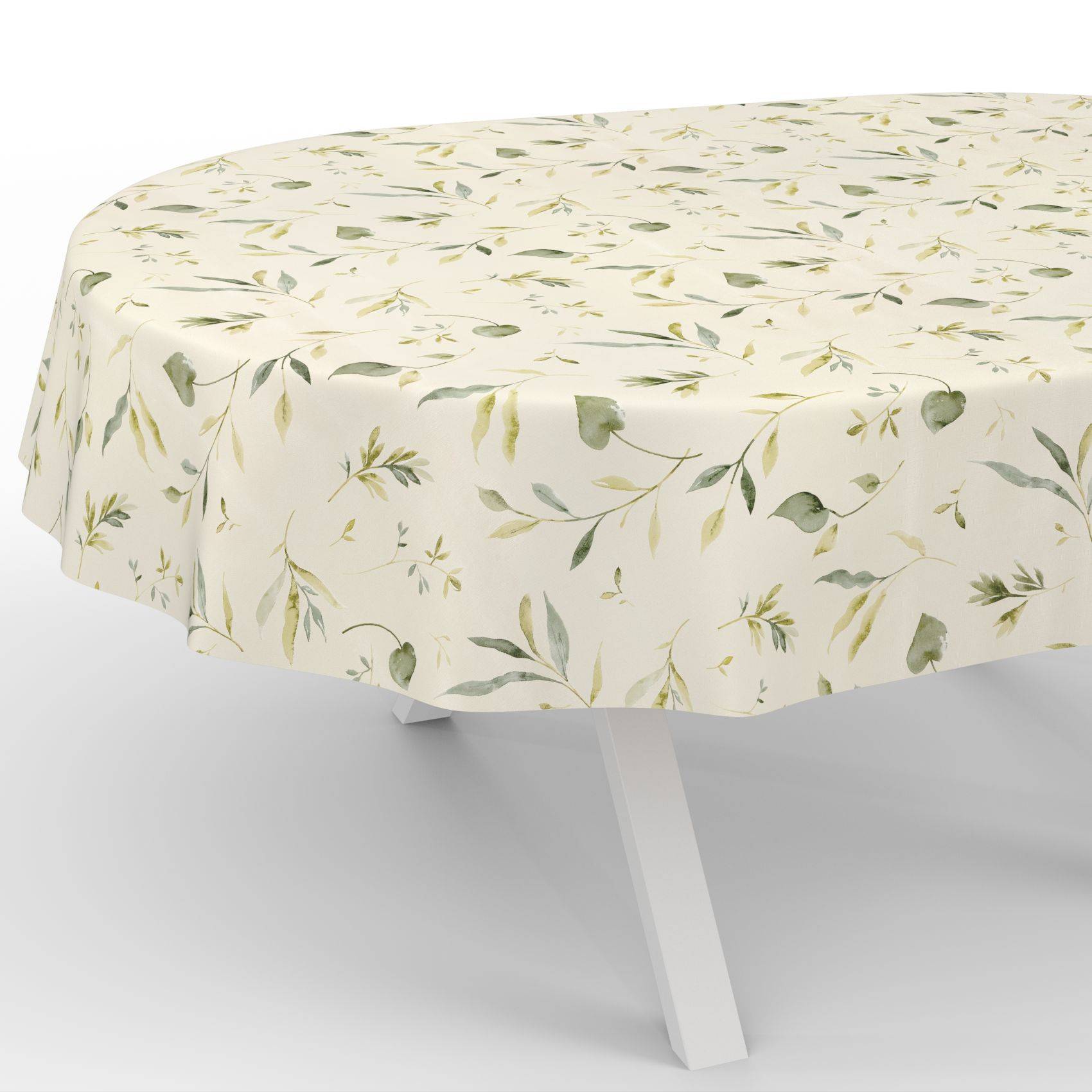 Runder Tisch mit einer cremeweißen Tischdecke mit Blumenmuster, vor weißem Hintergrund mit einem sichtbaren Tischbein.