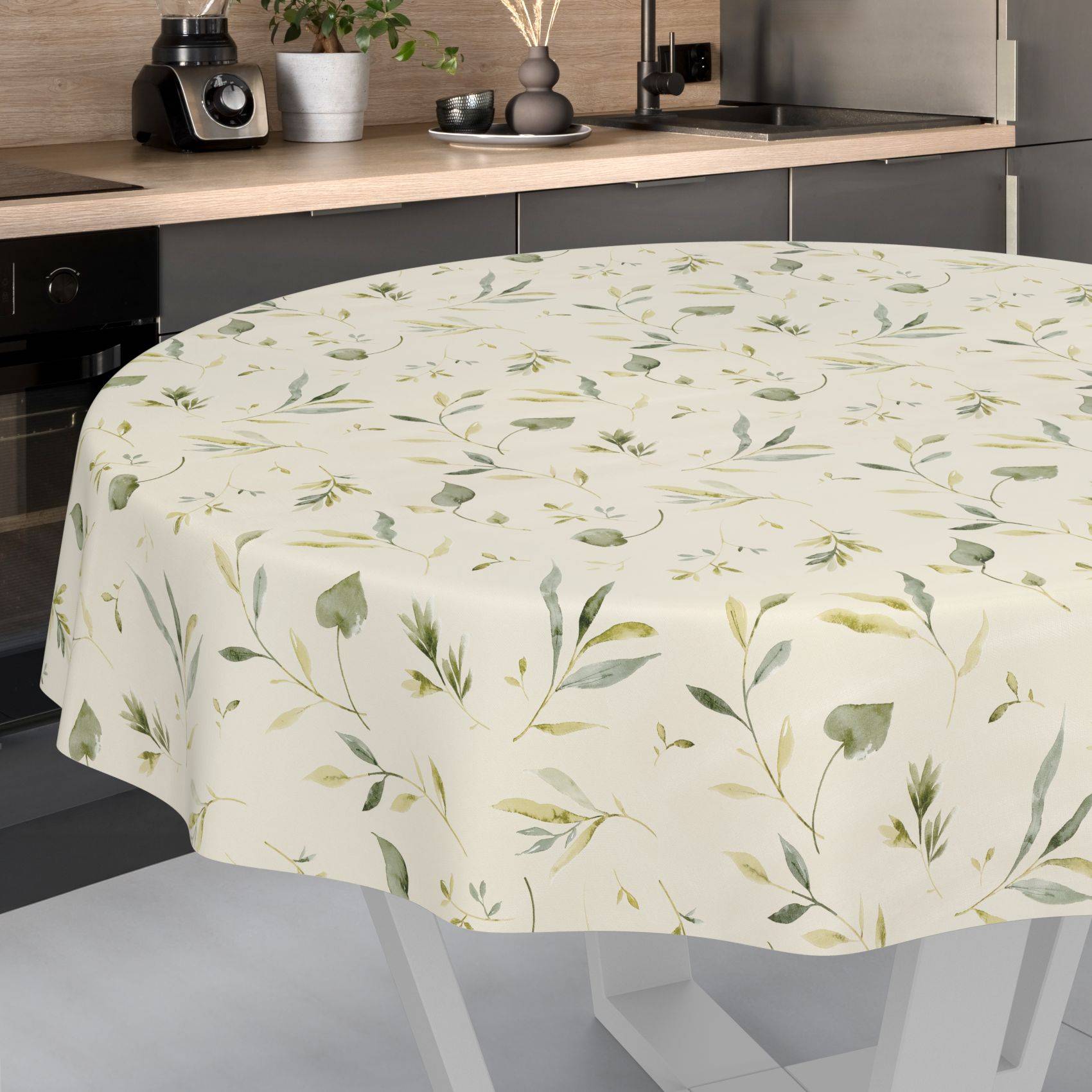 ANRO Tischdecke Canada Creme Ø 100 cm rund Schnittkante Wachstuch Blätterzweige abwaschbar