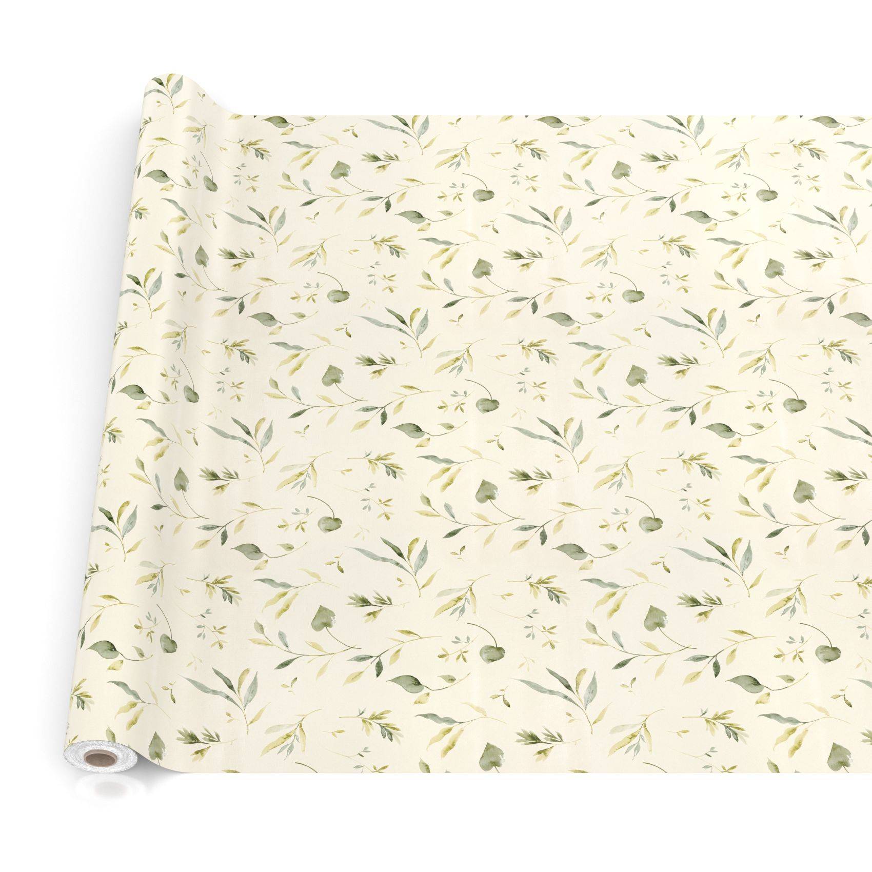 Gerollte Bahn aus cremefarbenem Tapetenpapier mit einem zarten grünen Blatt- und Ranken-Blumenmuster auf weißem Untergrund.