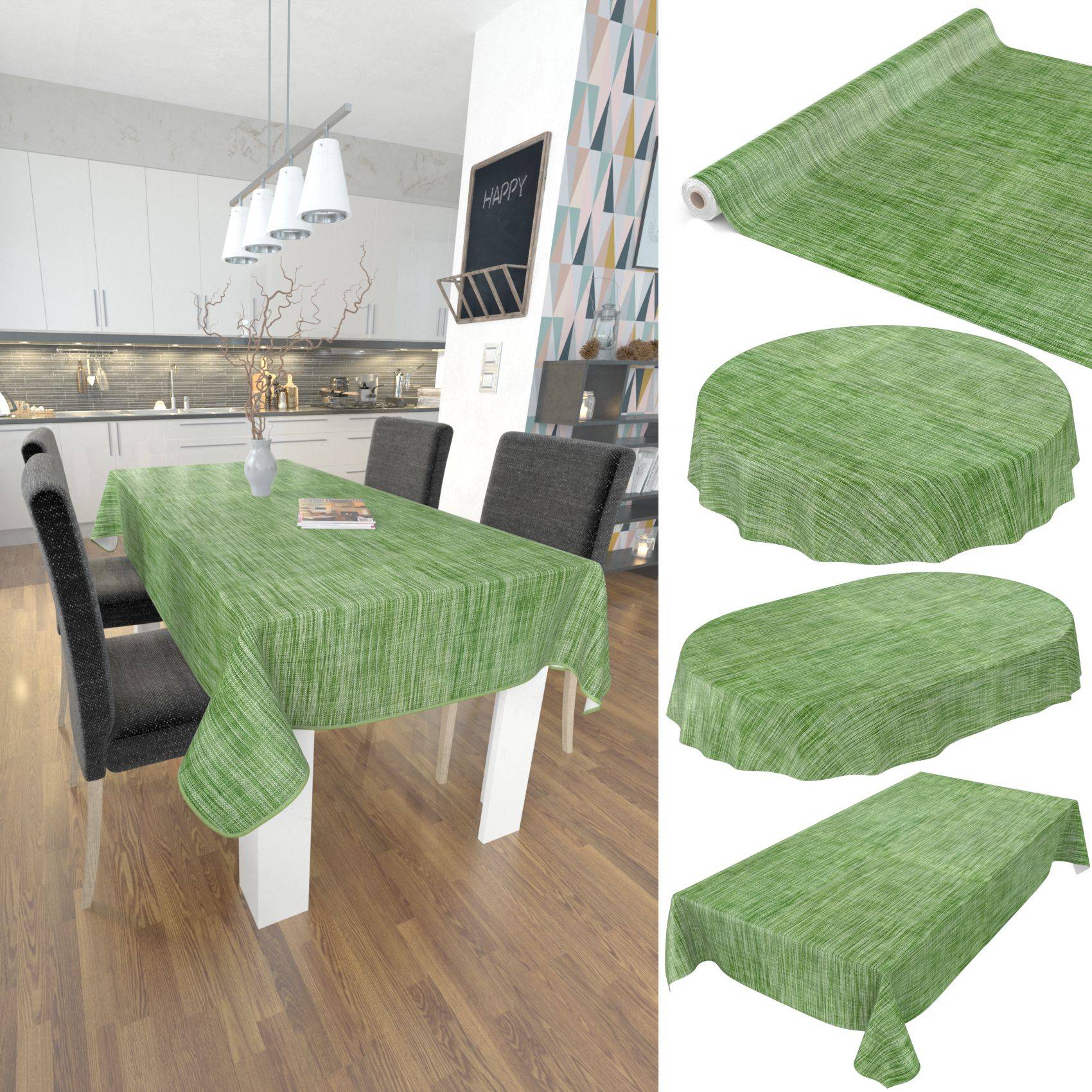 Grüne strukturierte Tischdecke, die auf einem Esstisch drapiert ist, mit drei Formbeispielen, die runde, ovale und rechteckige Passformen zeigen.