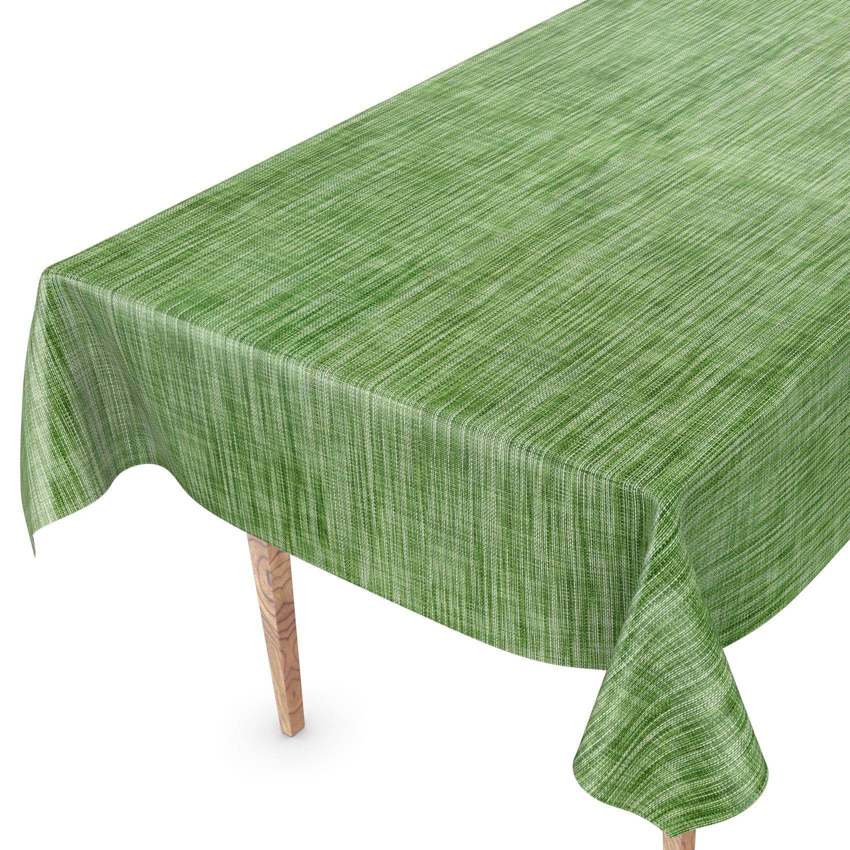 Grüne strukturierte Tischdecke, die über einem rechteckigen Tisch drapiert ist, mit einem sichtbaren Holzbein.