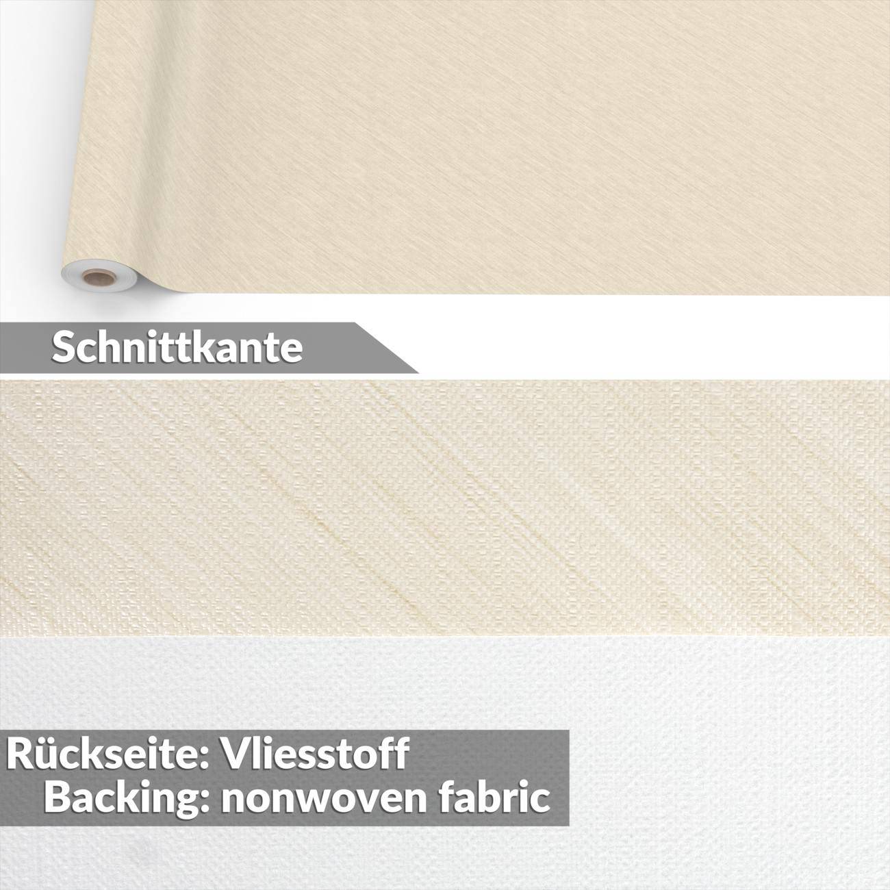 Nahaufnahme des Tapetenmaterials mit sichtbarer Schnittkante, mit Beschriftungen „Schnittkante" und „Rückseite: Vliesstoff / Backing: nonwoven fabric"".