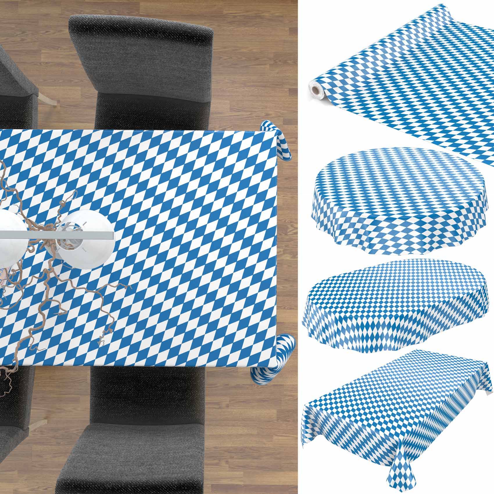 Blau-weiße Tischdecke mit Rautenmuster, gezeigt auf einem Esstisch und rechts in vier Formvarianten, einschließlich runder und rechteckiger Ausführungen.