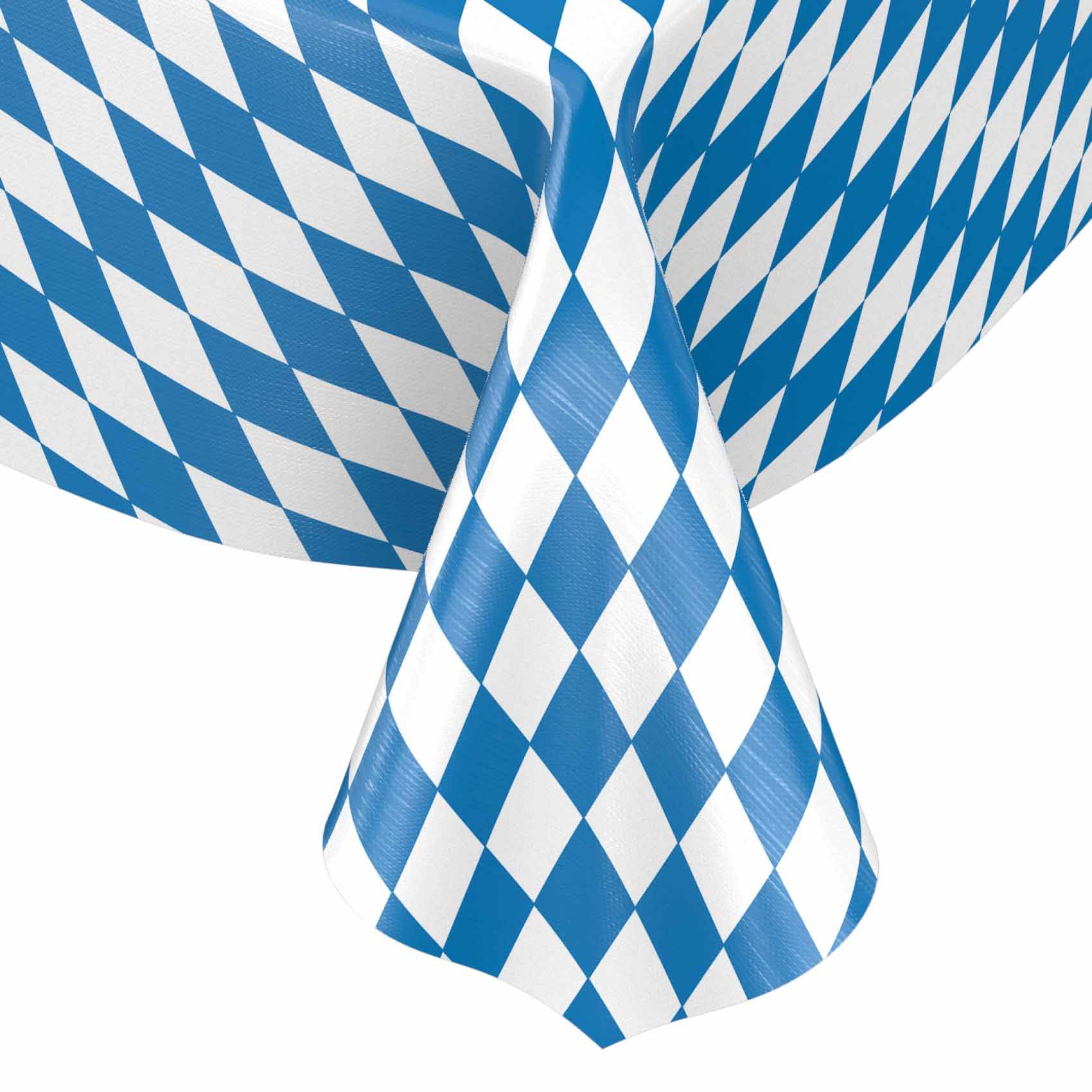 Blau-weiß karierter Stoff mit Rauten-Muster, drapiert und verdreht, wahrscheinlich eine festliche Tischdecke im Bayerischen Stil oder eine Dekoration.