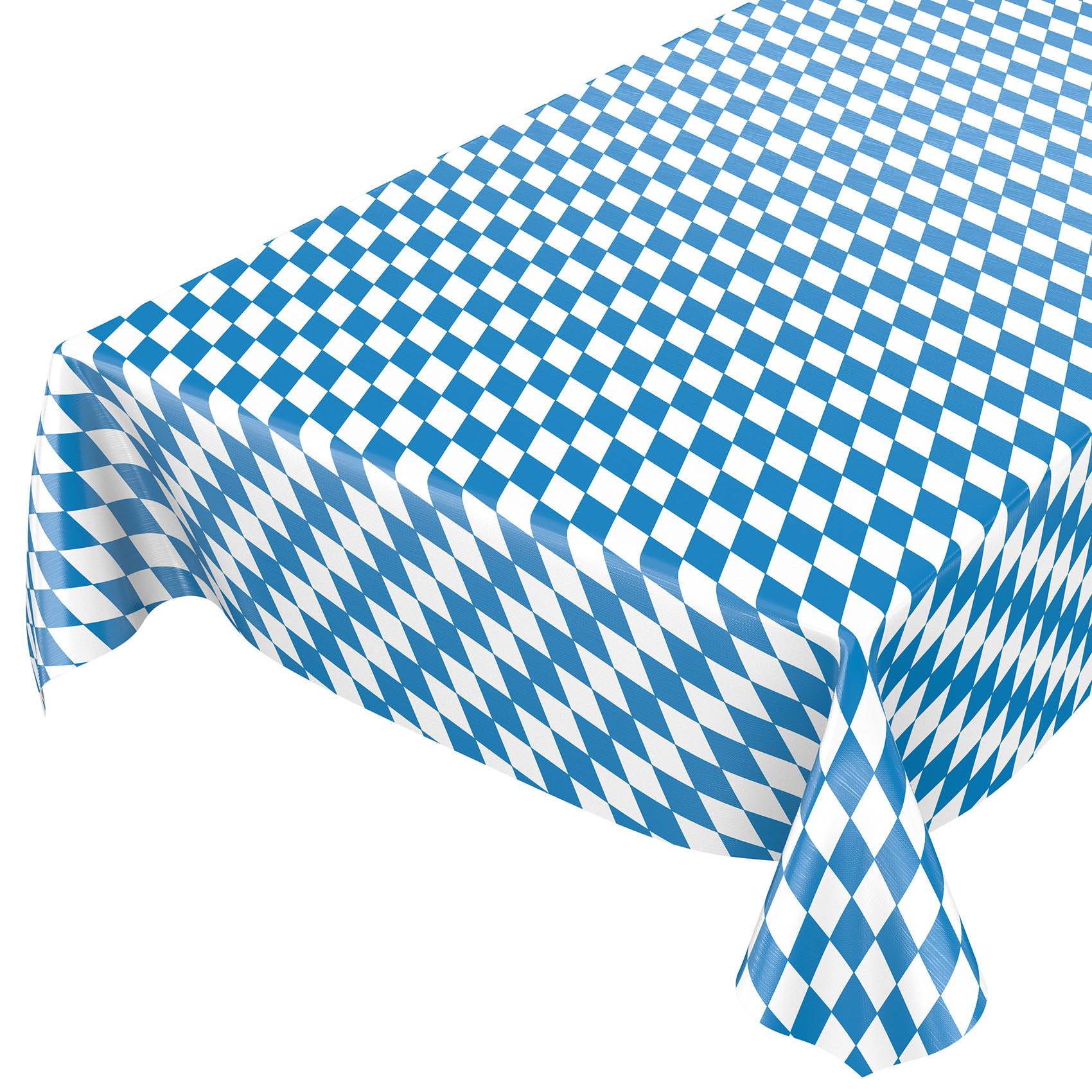 Blau-weiße Tischdecke mit Karomuster über einem quadratischen Tisch drapiert, wobei eine Ecke herunterhängt.